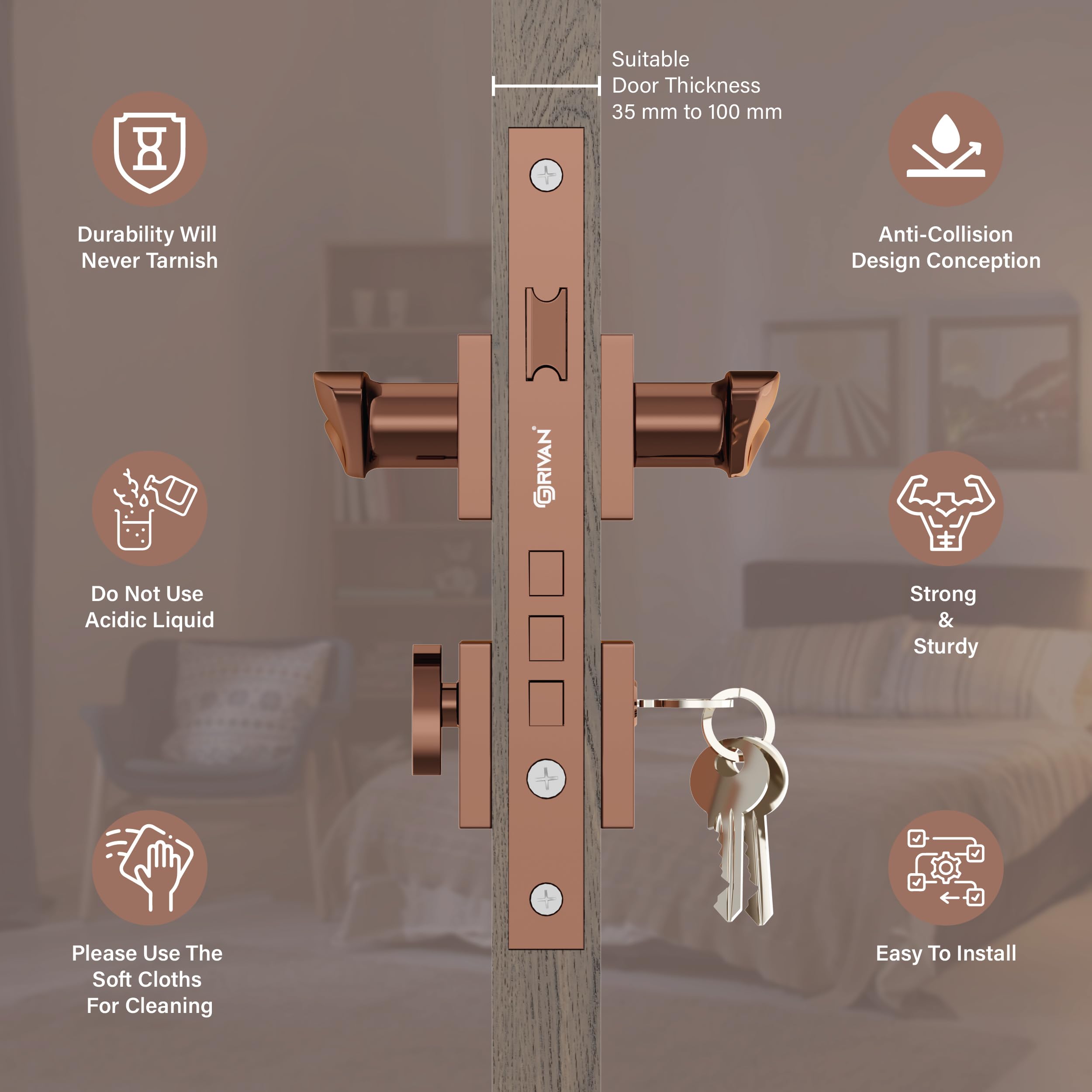 Elegant Rose Gold Mortise Lock Set - 3 Keys -4