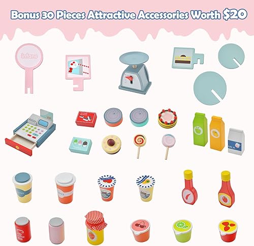 Miniatura 5 de INFANS Juguete de madera para tienda de comestibles, soporte de mercado, juego de simulación con rueda universal, báscula de alimentos, caja