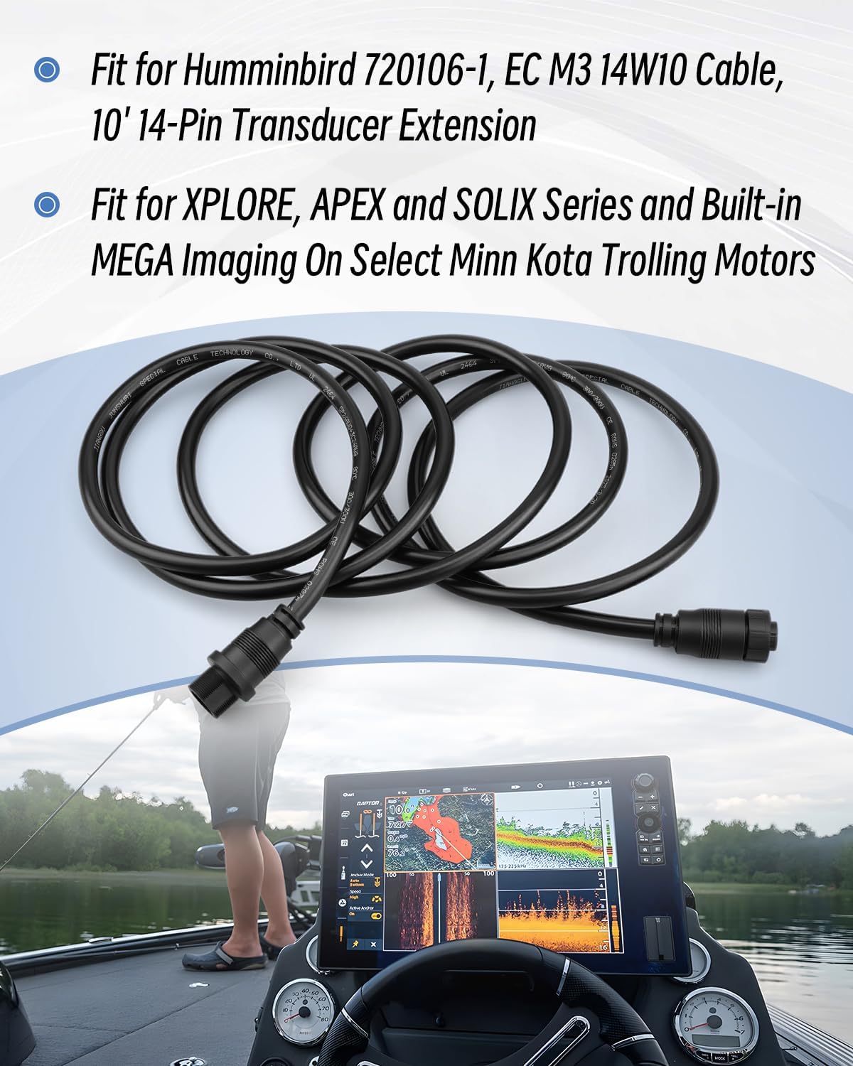 720106-1 EC M3 14W10 Transducer Extension Cable Fit for Humminbird XPLORE/APEX/SOLIX Series, Fit for Built-in MEGA Imaging On Select Minn Kota Trolling Motors