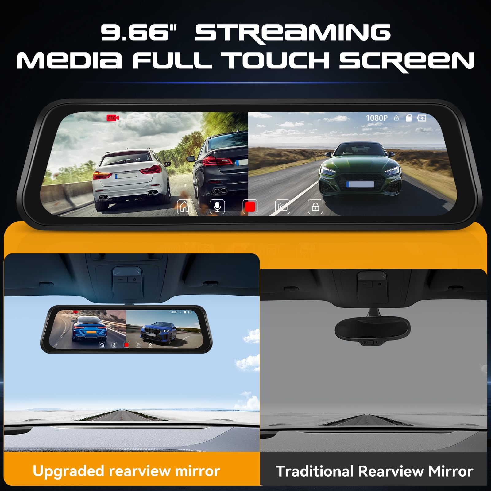 CAMECHO 1080P Rétroviseur 9.66 Pouces Dash CAM Voiture avec Caméra de Vision Nocturne, Avant 150° et Arrière Dashcam 120° avec Ligne Inverse, Enregistrement en Boucle, Angle Réglable