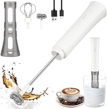 Milk Frother Wand for Coffee, Silent Coffee Foamer Drink Mixer,Handheld Frother Rechargeable Electric Whisk with 2 Heads 3 Speeds for Latte, Cappuccino, Hot Chocolate, EggHome and Travel Set White