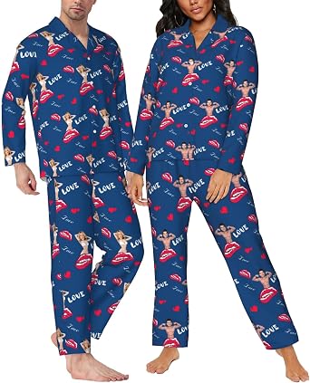 Personalized Pajamas Set with Photo, Custom Face Pajamas for Women Men Funny Pj Gift for Couple, Birthday Valentines Gift