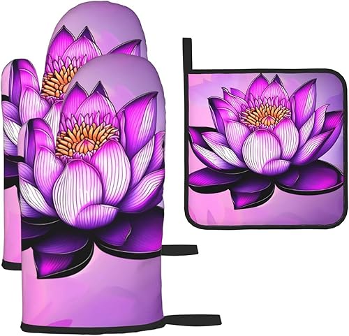 Purple Lotus Oven Mitts and Pot Holders Set 3 PcsïNon-Slip Cooking Gloves for Cooking Baking Grilling