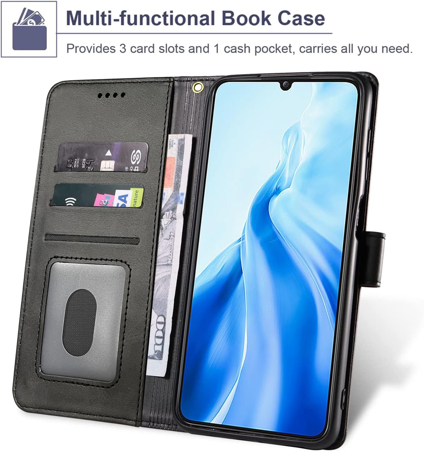 HAOYE Cover per Realme C51 / Realme Note 50 a Portafoglio, Libro Custodia Magnetica Flip Case con Supporto di Stand/Carte Slot, Pelle PU/TPU Protettiva Caso. Nero