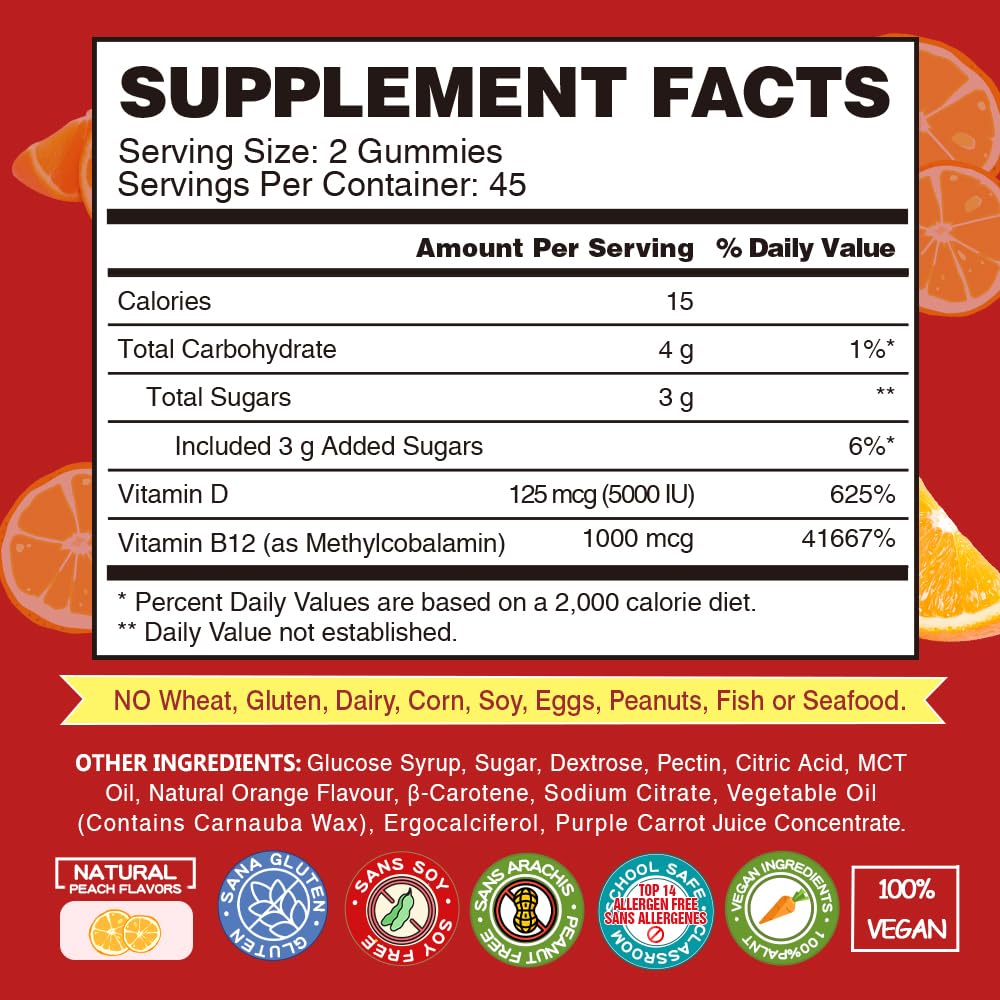 Vitamin D3 B12 Gummies for Adults & Kids - Orange Flavor, 180 Bears — Amazon image 4