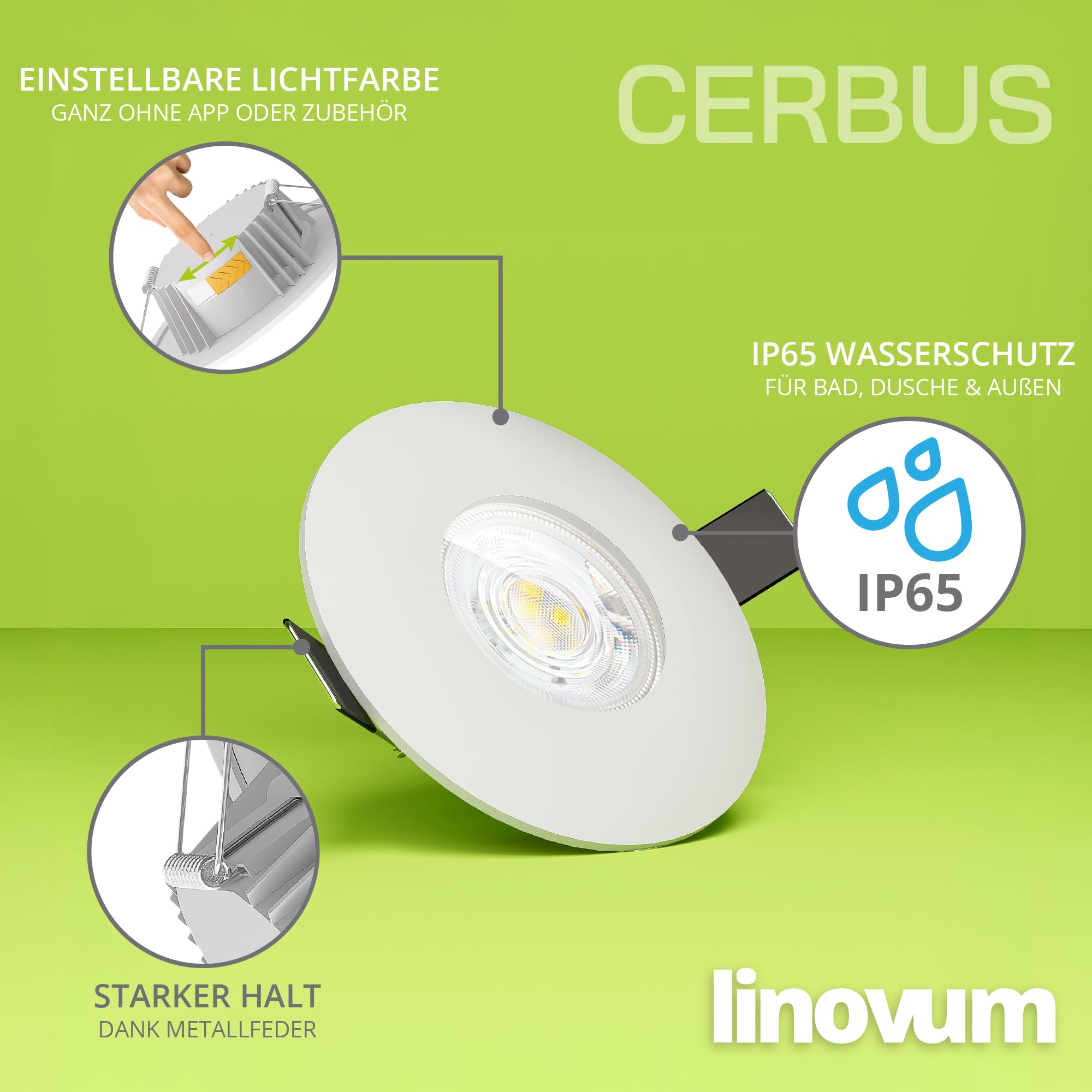 linovum CERBUS Einbauspot weiß IP65 flach 22mm 3 Lichtfarben Bad & Außen | Ultraflacher Einbauspot IP65 - nur 22mm tief, warm / neutral / kalt per Schalter, für Bad, Dusche & Küche, direkt an 230V