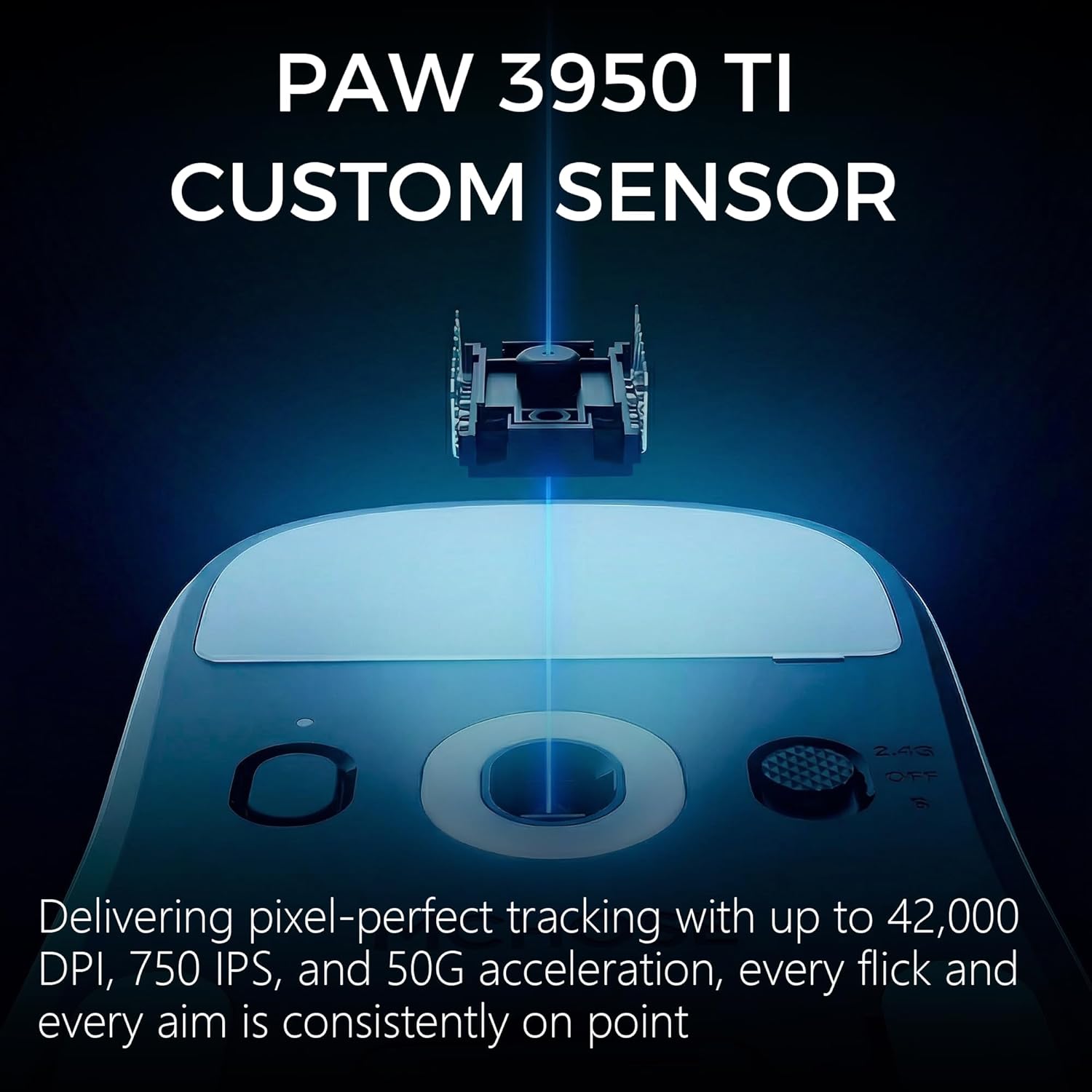 Close-up of the PAW3950 TI custom sensor on the MCHOSE A7 V2 Ultra+ mouse