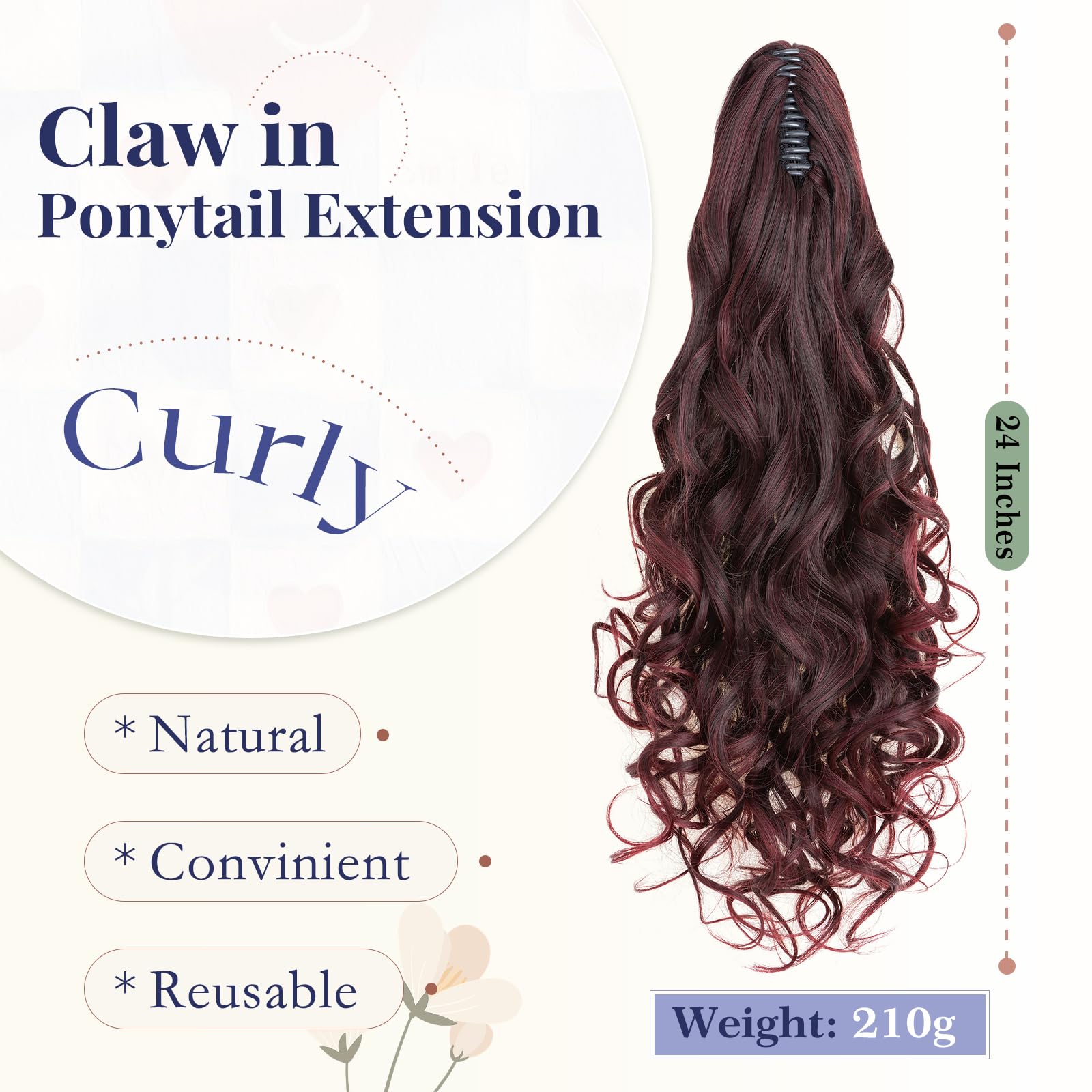 TESS 24'' Curly Ponytail Extensions, 210g Claw in Long Ponytail, Hair Pieces for Women Burgundy Gradient, 24 Inch (curly) - Image 2
