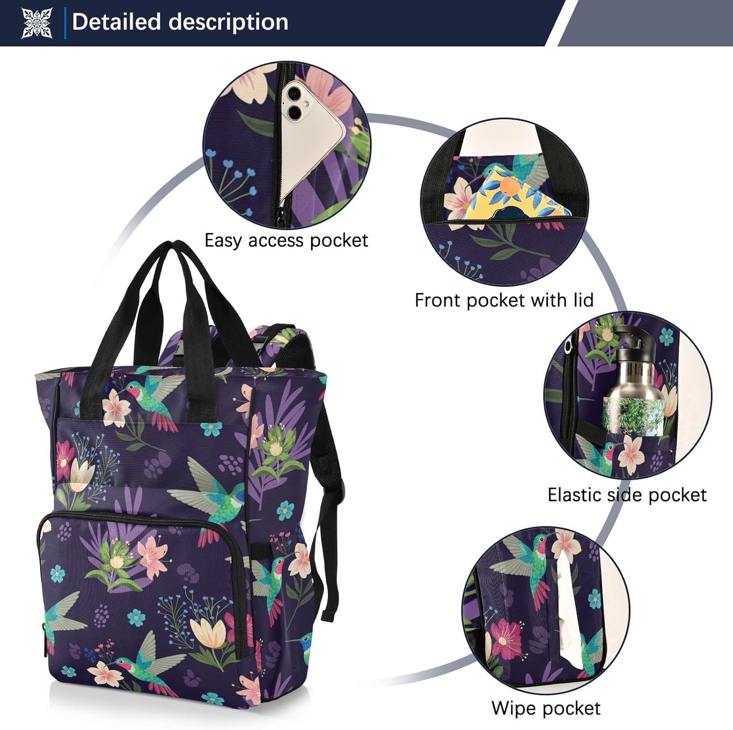 Tropical Flowers Hummingbirds Purple Pattern Diaper Bag Backpack for Baby Boys Girls Multifunction Baby Essentials Travel Tote with Stroller Straps & Bottle Storage Maternity Travel Bag for Baby