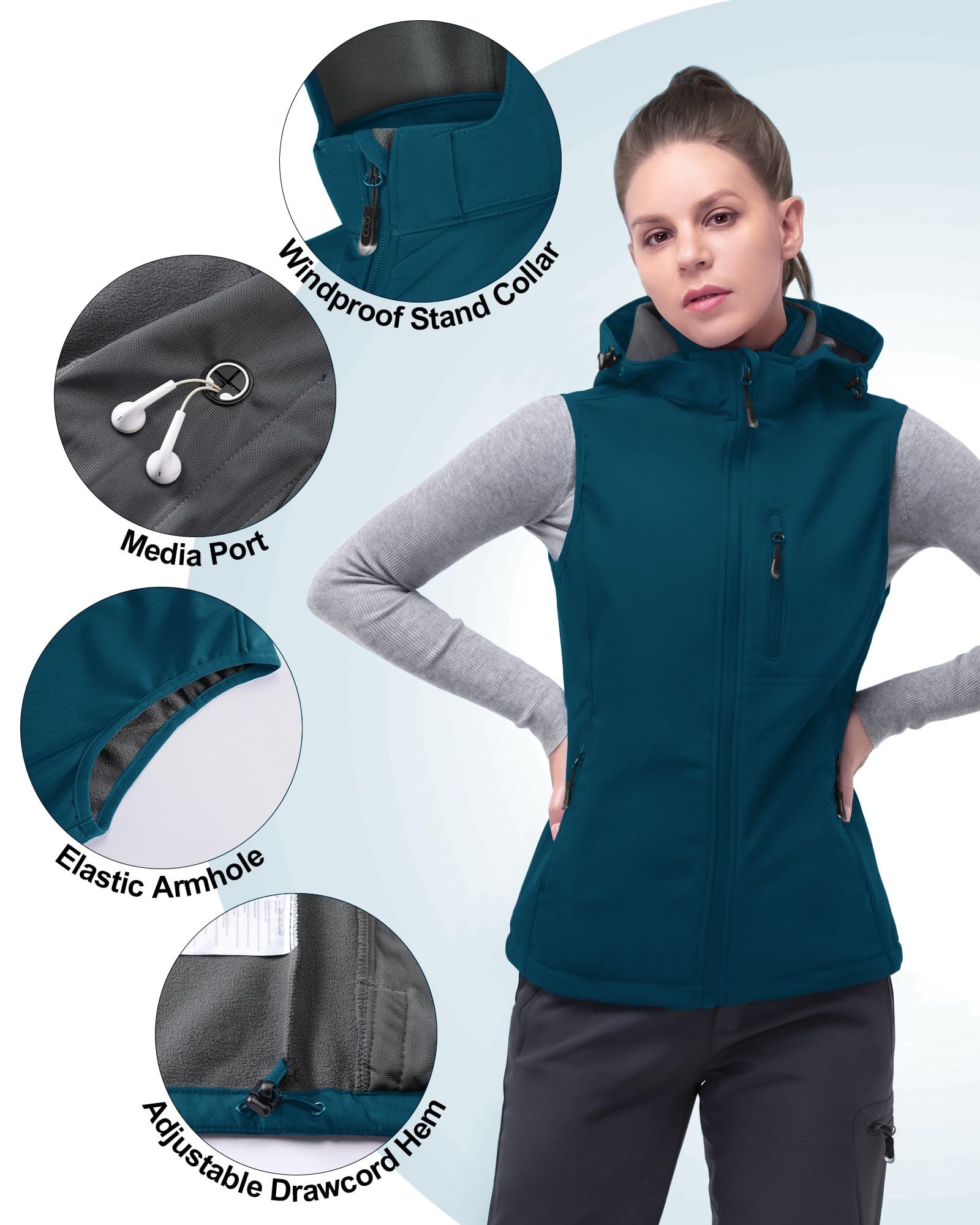 33,000ft Gilet leggero softshell da donna con cappuccio, giacca senza maniche, impermeabile, antivento, in pile, con tasche con zip