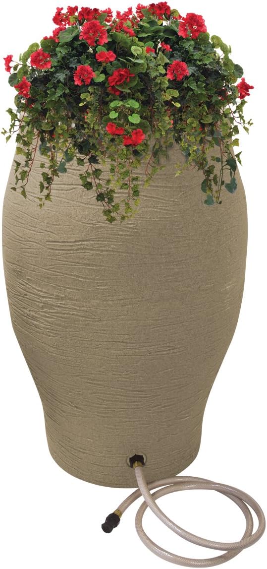 Rescue Stoneware Urn Rain Barrel – Includes Planter Rain Water Diverter, Outlet Hose, 85 Gallons, Sand
