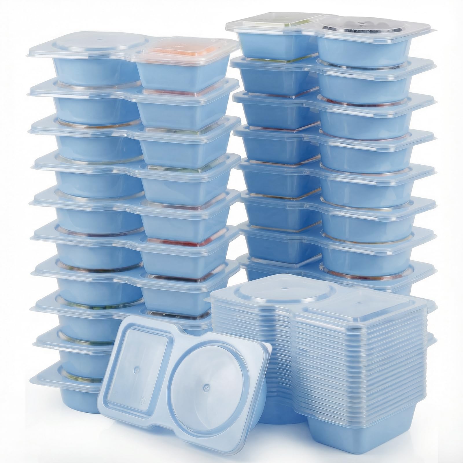 Woobroo Blue 40 Pack Double Compartment Condiment Containers Reusable Snack Containers With Lids - Leakproof Bento Box Style Snack Pots With Compartments For Portion Control（Blue）
