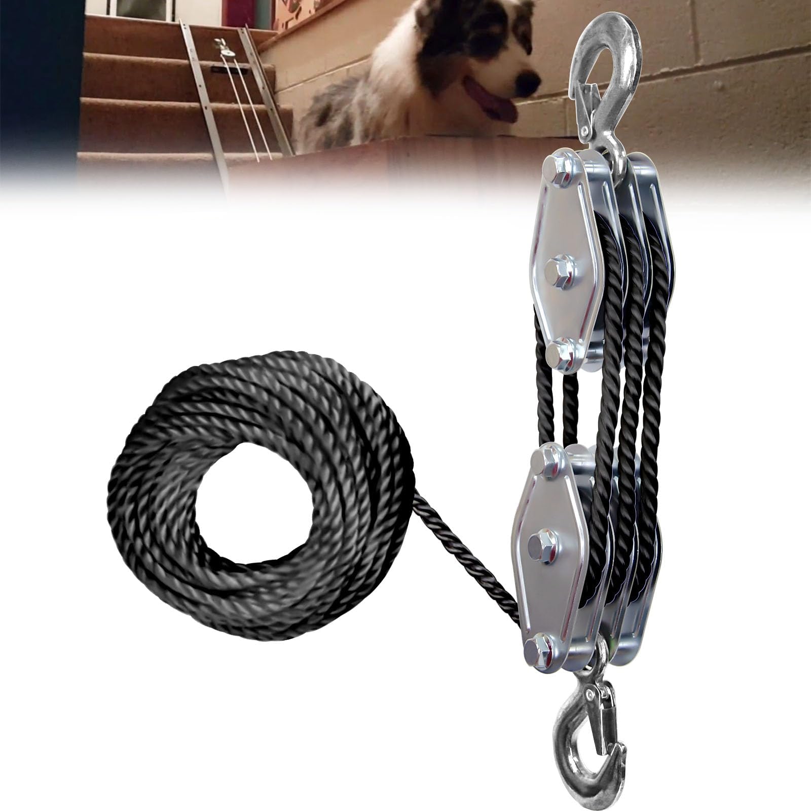 KITUYOTO Block and Tackle Pulley System, 2200 LBS Breaking Strength Pulley System for Lifting Heavy Objects, 50 Ft 3/8" Rope Hoist, 5:1 Lifting Power Pulley Hoist(Black)
