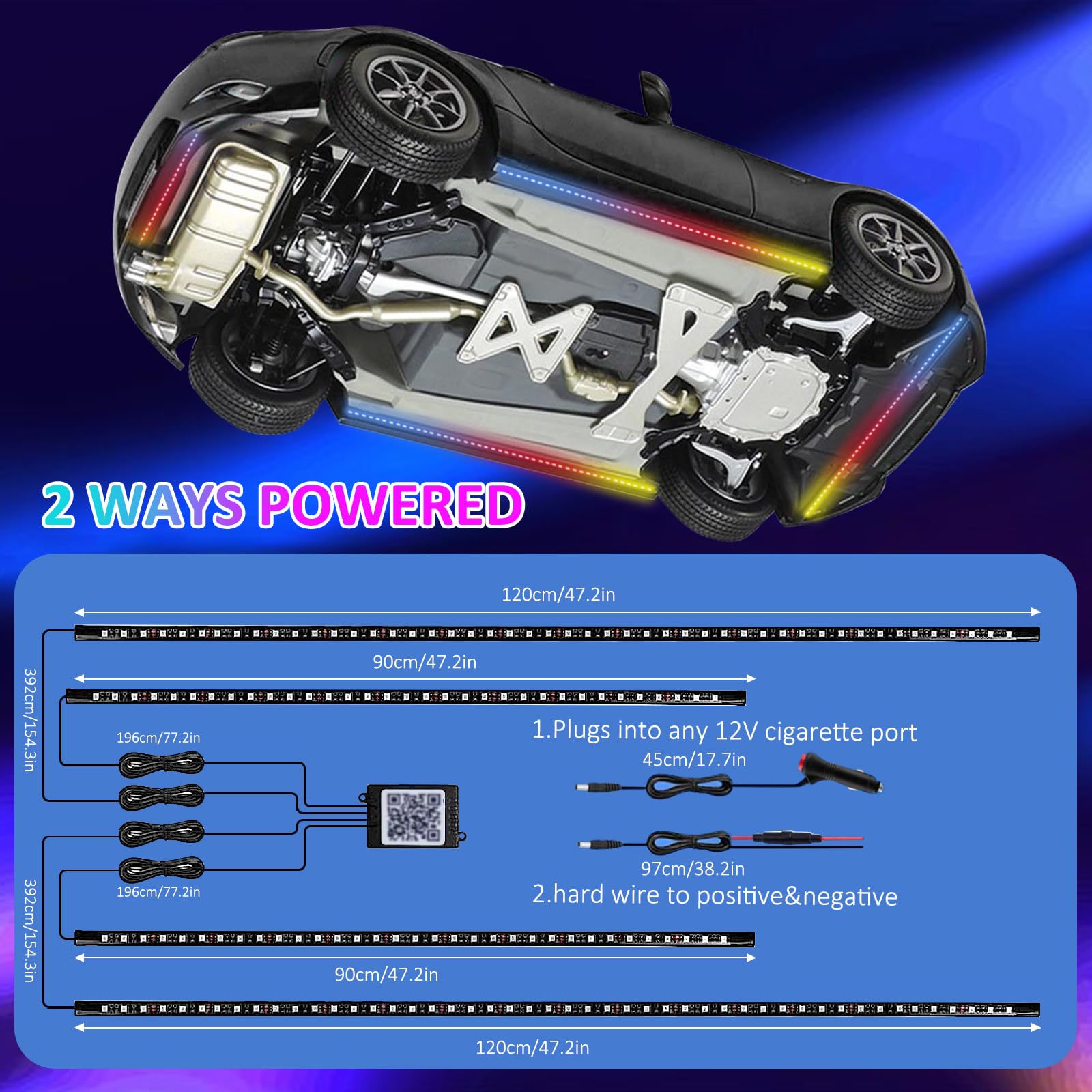 Kit di luci per auto, controllo APP, set di luci multicolore sincronizzate con la musica, strisce luminose RGB impermeabili per auto, camion e SUV