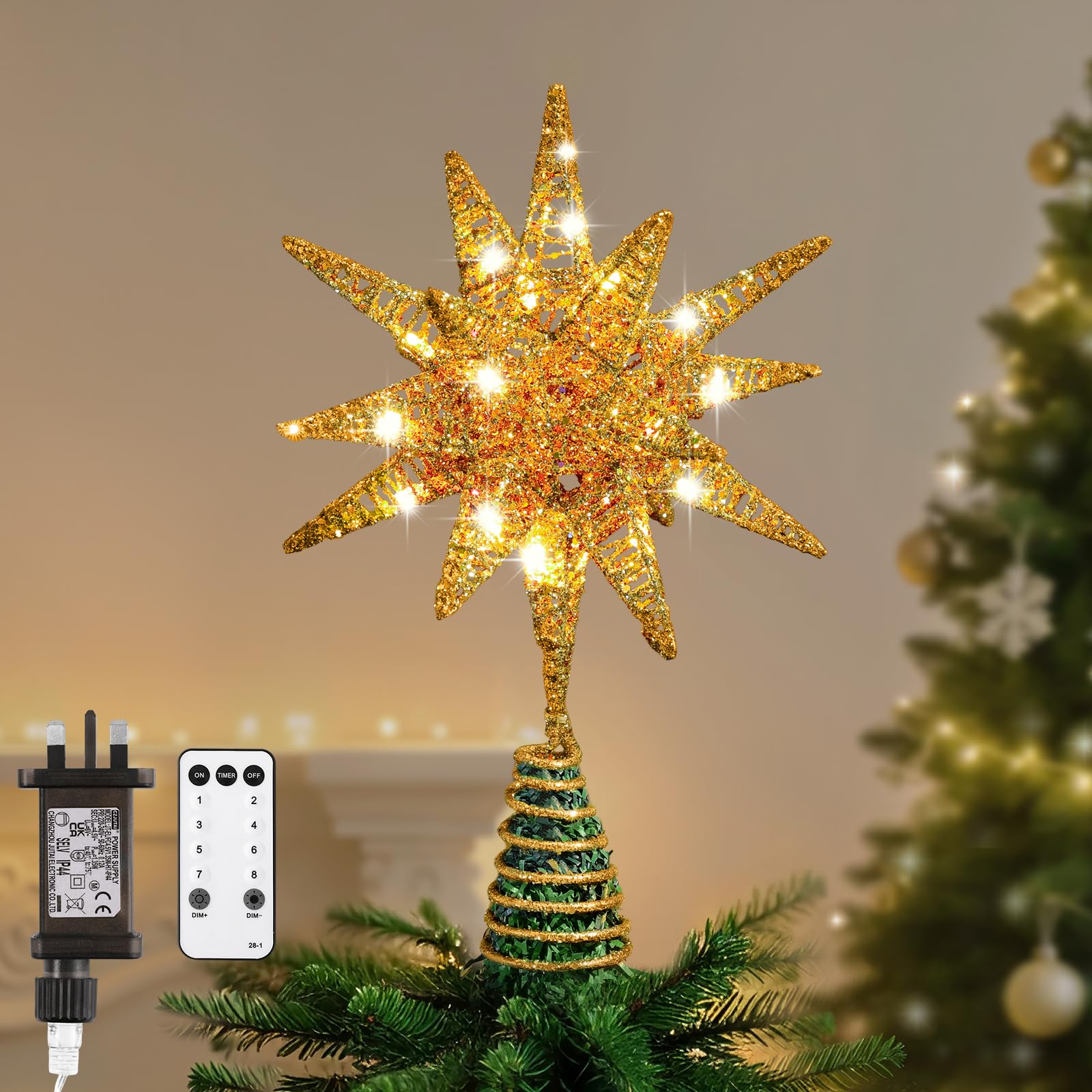 Lewondr Warm Gold Christmas Tree Topper, Plug In 3D Starburst Xmas Lighted Star Tree Topper, Remote Control & Timer Light Up Vintage Moravian Tree Topper For Christmas Decoraiton, Warm Light, Gold