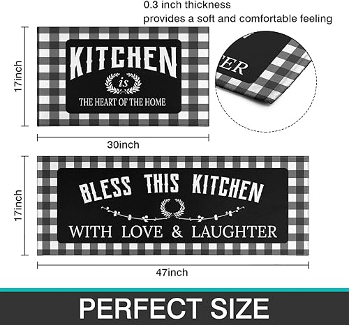 Miniatura 3 de Faptoena Juego de 2 alfombras y tapetes de cocina negros y blancos, decoración de cocina, antideslizantes, absorbentes, tapetes de cocina para