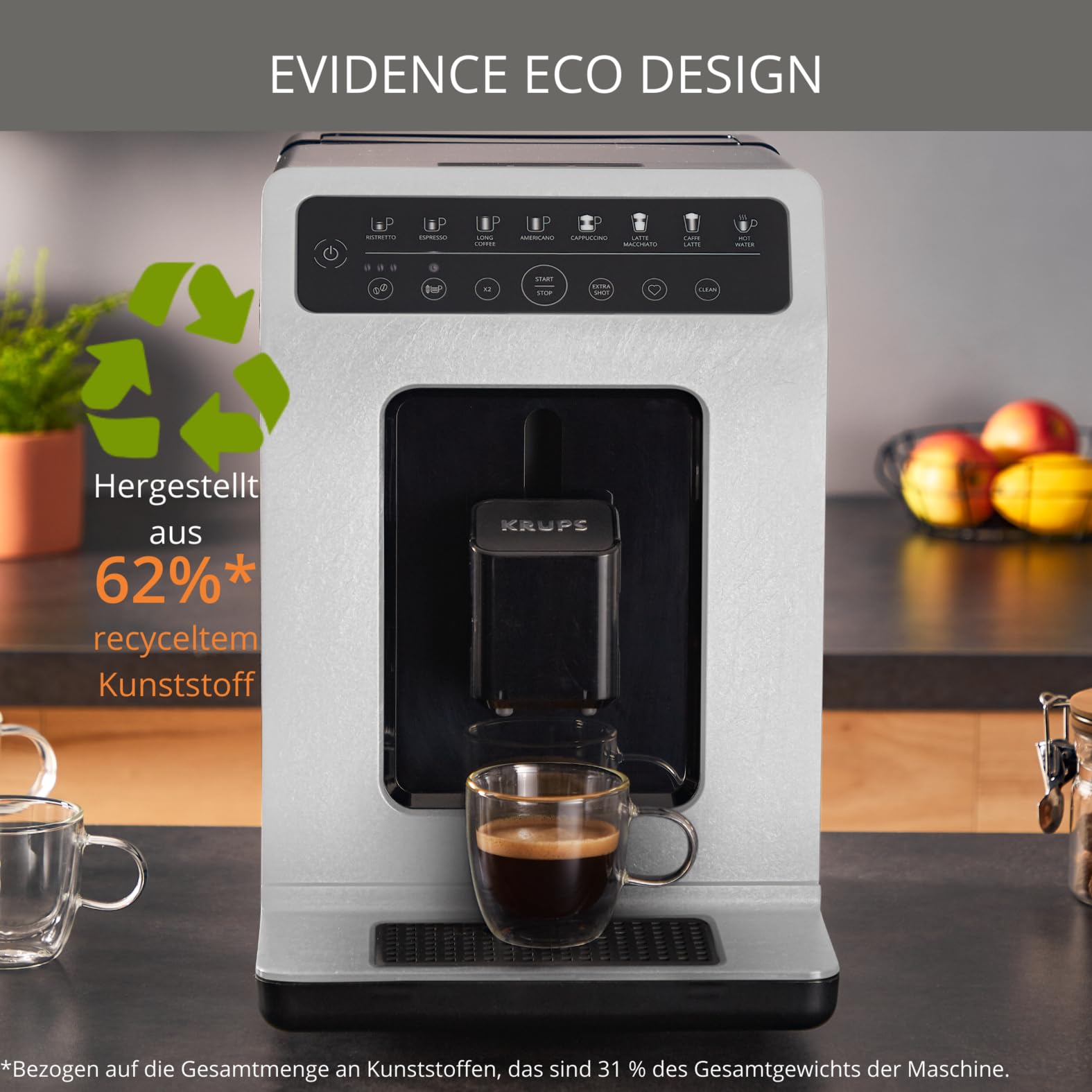 KRUPS Evidence ECOdesign Kaffeevollautomat mit Milchschlauch, 7 Getränkeoptionen, 2-Tassen-Funktion, Weiß/Schiefer, EA897A10