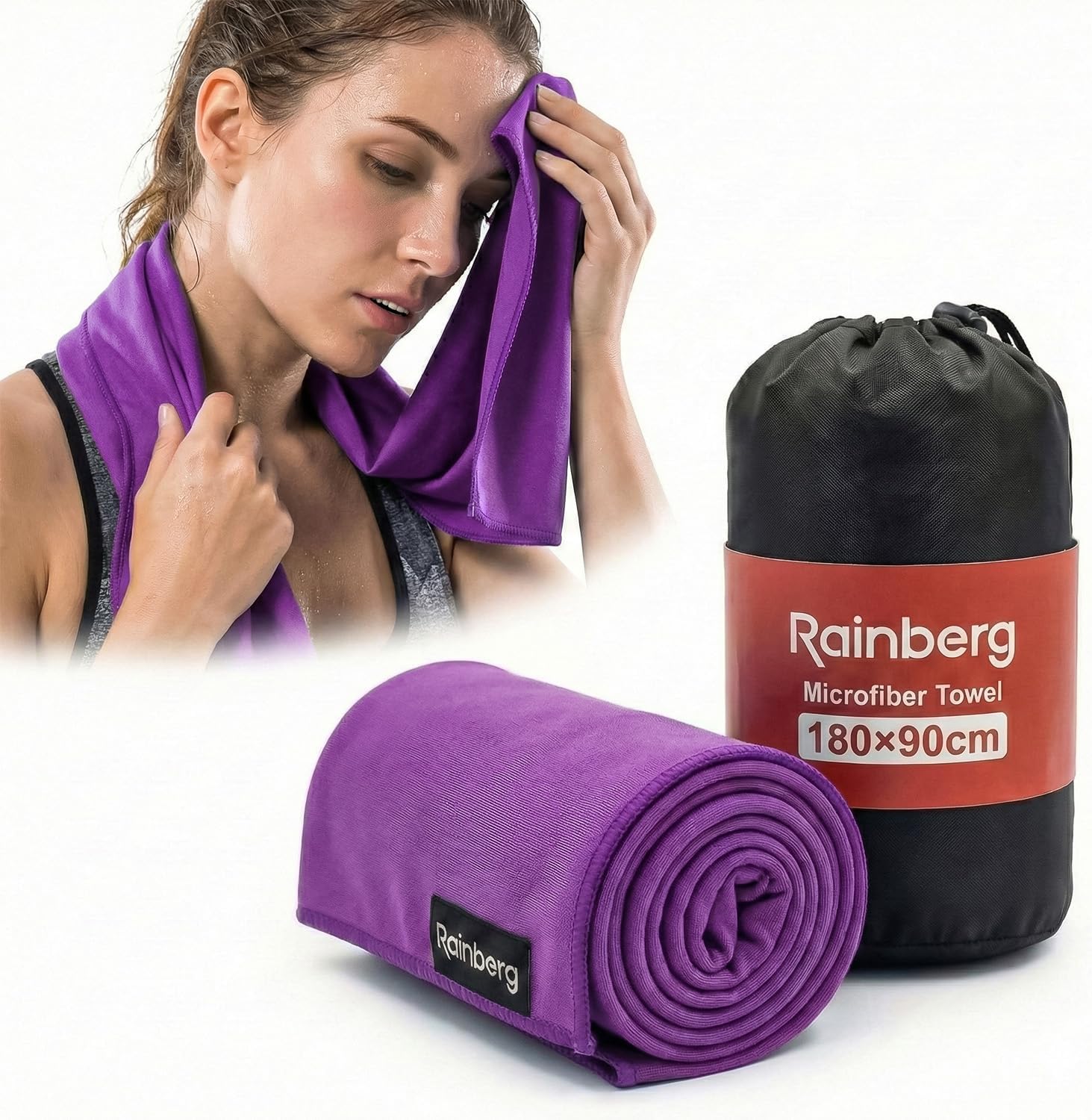 Rainberg Microfiber Towel (180x90cm), Large Gym Towel, Quick Dry Towel – Fast Drying, Super Absorbent, Ultra Compact, Lightweight, Great for Camping, Gym, Beach & Swimming (Purple)