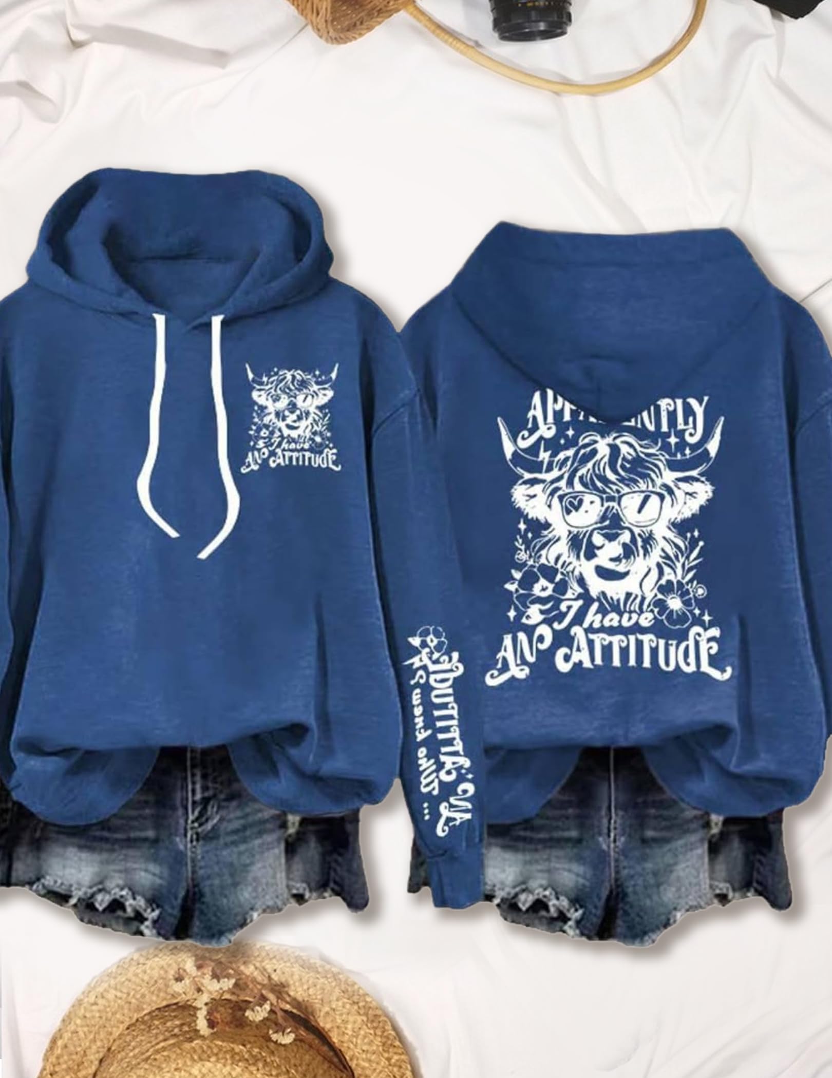 HTU Apparently I Have An Attitude Langarm-Hoodie, doppelseitig Bedruckt, mit Kapuze, süßes Highland-Kuh-Oberteil, stilvolles Kuh-Sweatshirt, modischer Tierpullover
