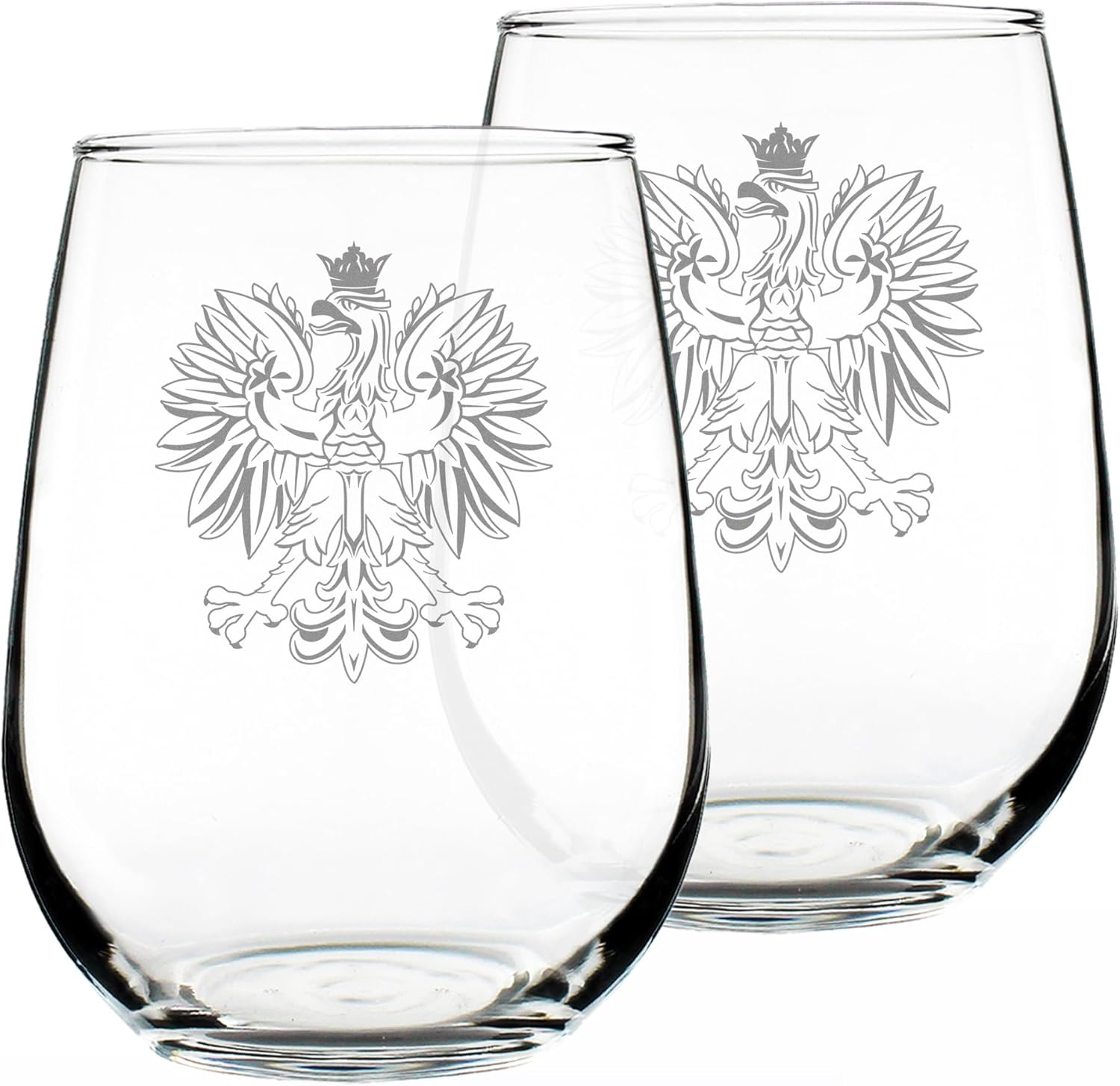 Bevvee Polish Eagle Stemless Wine Glass - Poland Gifts or Party Decor for Women & Men - Set of 2 - Large 17 Oz Wine Glasses