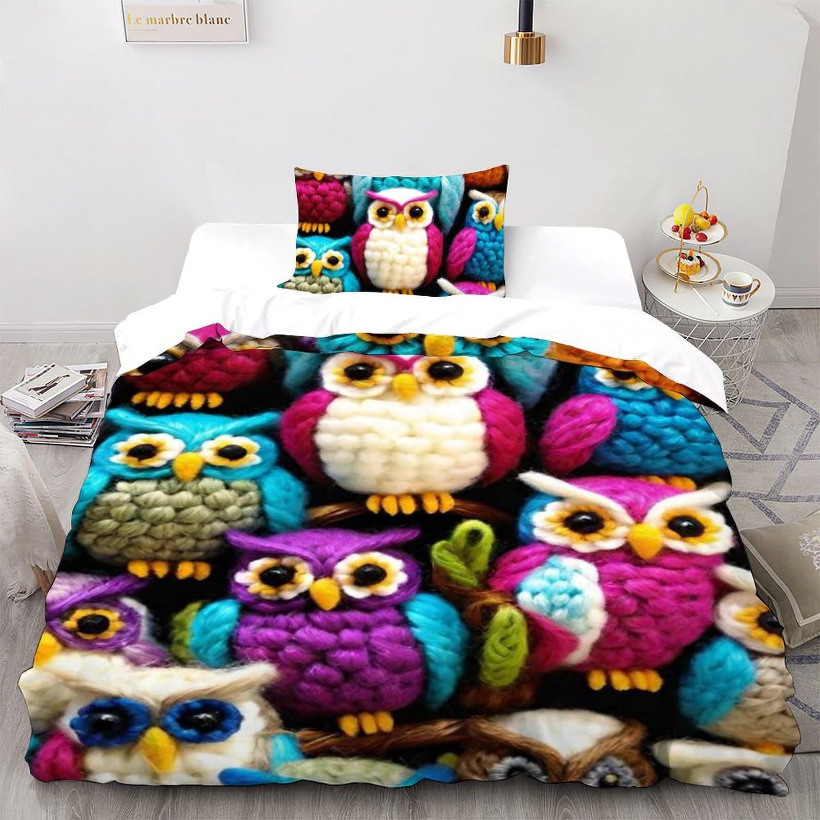 Housse de couette chouette microfibre qui ne décolore pas, parure lit animaux 3D fille 135x200cm