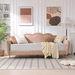 VELOCAVA Blush Pink Twin Daybed with Cloud-Shaped Backrest - Upholstered Linen Sofa Bed, Metal Legs, Slat Support for Bedroom & Guest Room