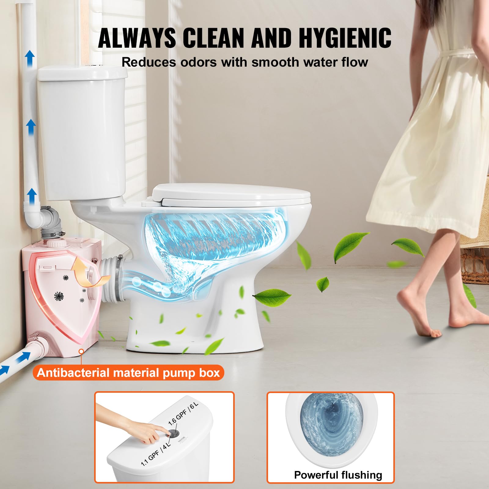 VEVOR Sistema de trituración para inodoro con bomba trituradora de 700 W, desagüe trasero de inodoro con desagüe hacia arriba para sótano, eliminación de agua de doble drenaje, kit de trituración de