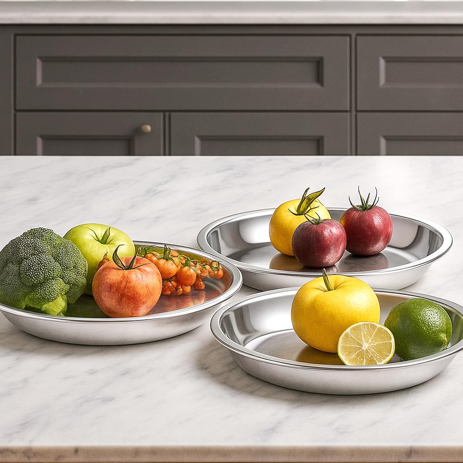 6 Pieces Stainless Steel Round Plates, 9 Inch Dinner Dishes, Feeding Serving Camping Plates for Home, Dishwasher Safe