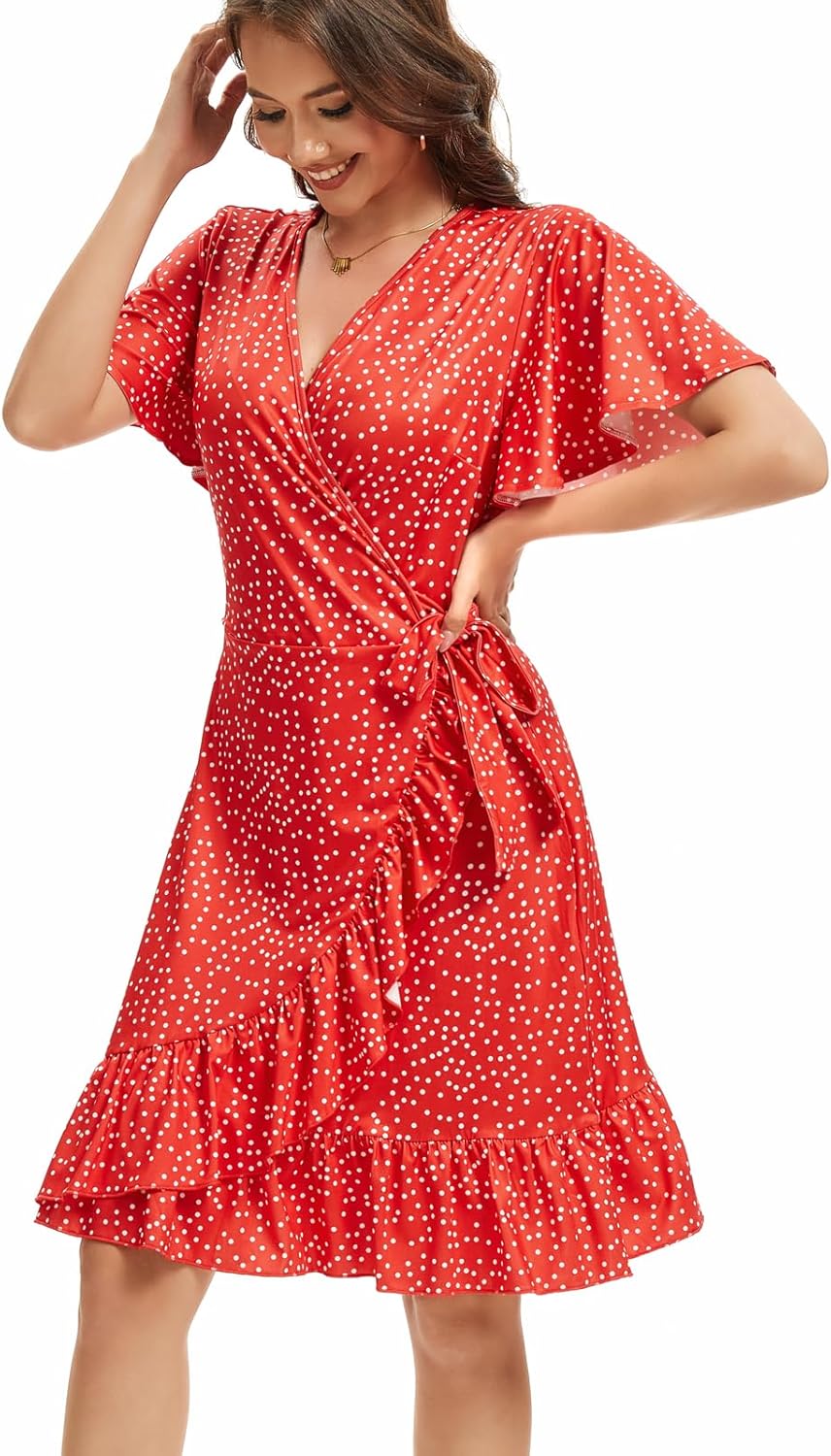 Womens Sundresses Summer Floral Short Sleeve V Neck A-Line Ruffle Hem Midi Casual Vacation Dresses 2025 - Image 4