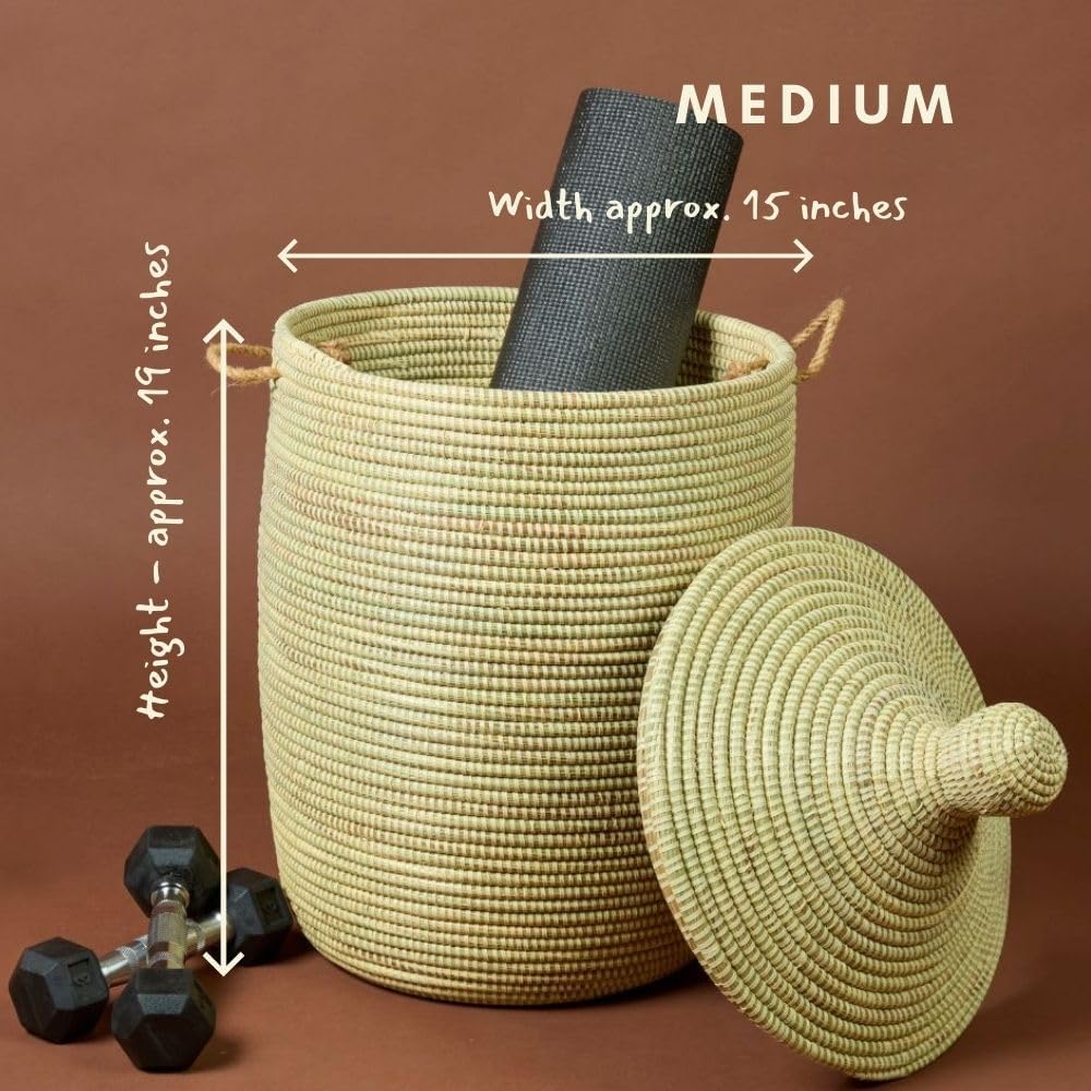 Natural Beige Laundry Basket with Hooded Lid, Bedroom Hamper, Nursery Toys Bin, Living Room Blankets Storage, Decorative, Wicker, Sturdy, Round, Handles, African, Hand Woven, Made in Senegal (Medium)
