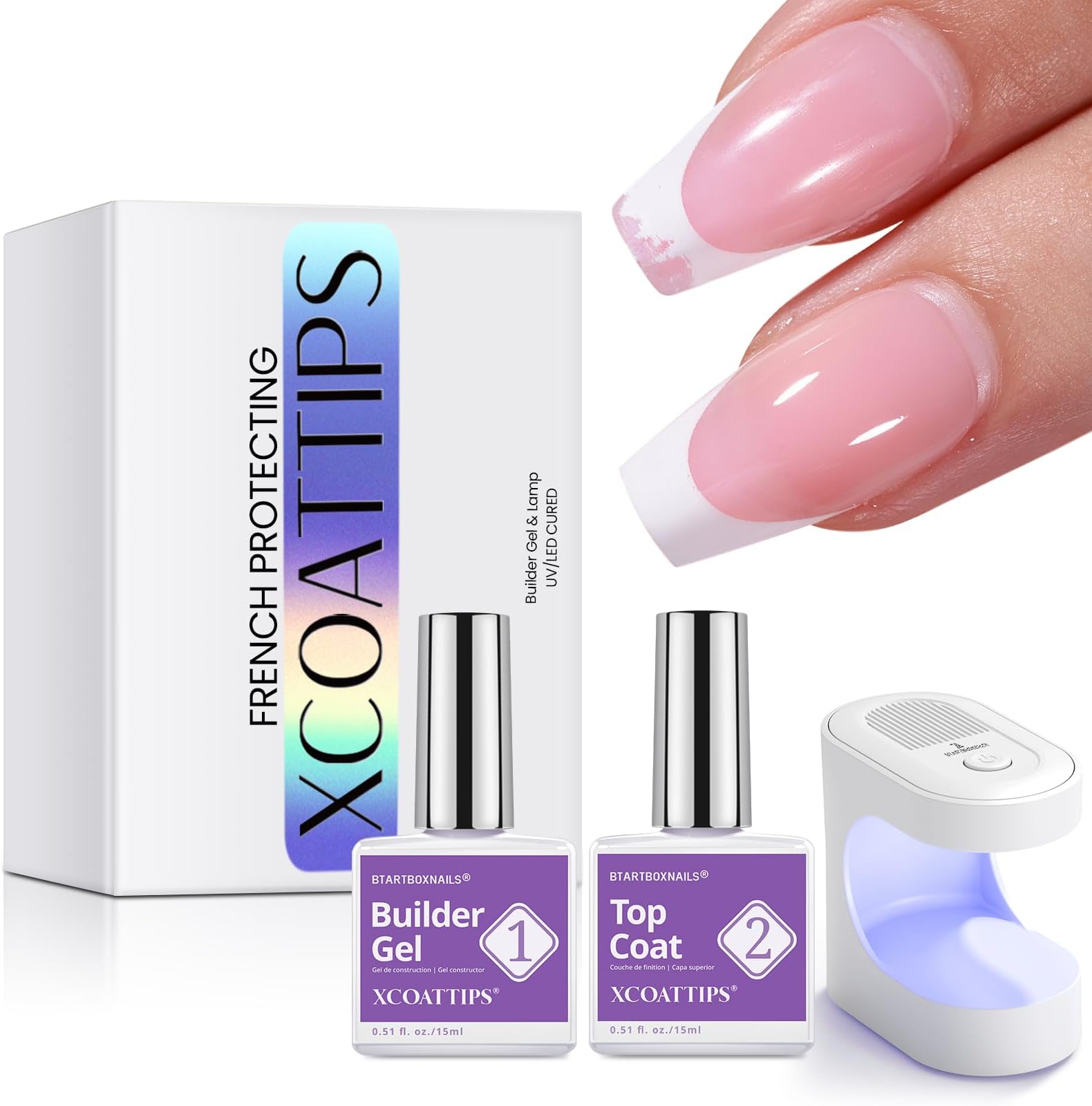 Nail Tips Builder Gel - Long Lasting 15ml Builder Gel with Portable Nail Lamp for French XCOATTIPS, 30+Days French Protection Duo Nail Extension Tool for Nail Art