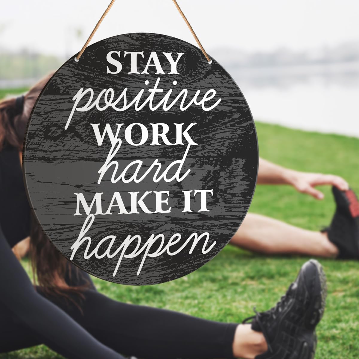 Muktoujaumai Gym Motivation Signs Wall Decor, Home Inspirational Hanging Signs, Rustic Decorations for Office, Fitness, Workout Room, Stay Positive Work Hard image 5