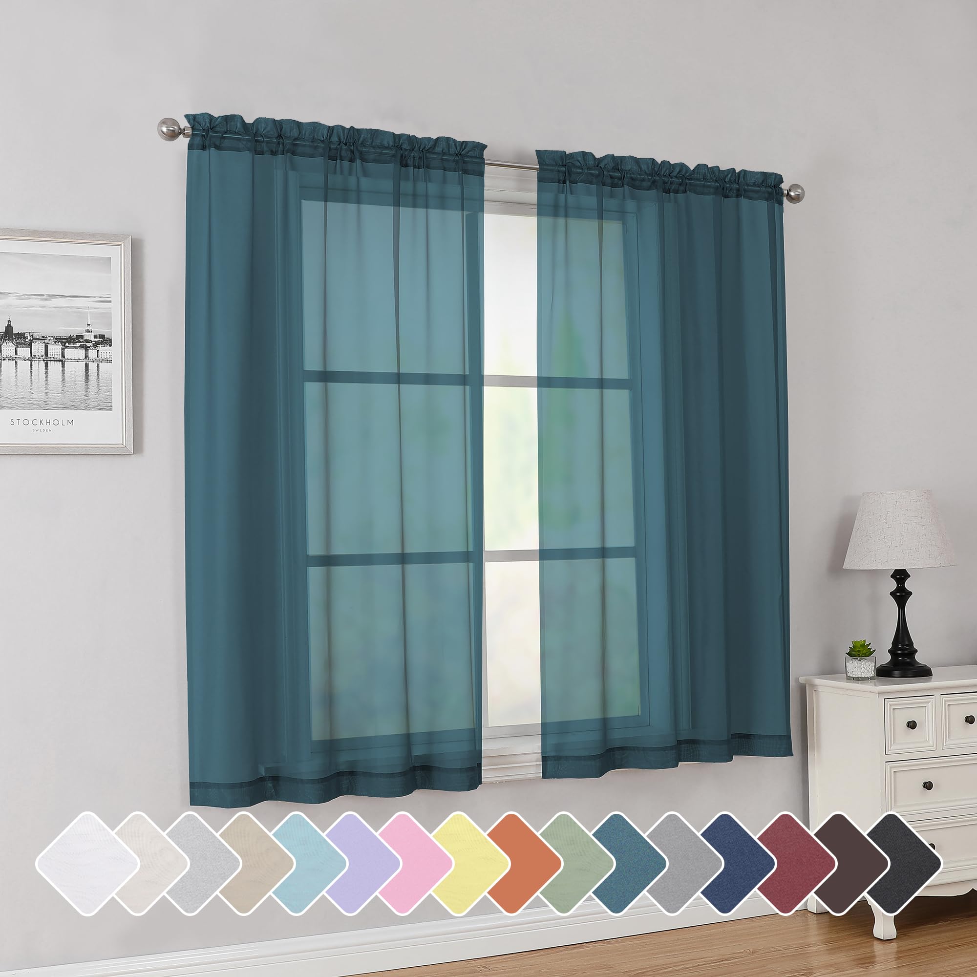 Simplebrand Dusty Blue Short Sheer Curtains 45 Inch Length for Small Windows, Rod Pocket 2 Panels Set Solid Voile Drapes Window Sheer Curtains for
