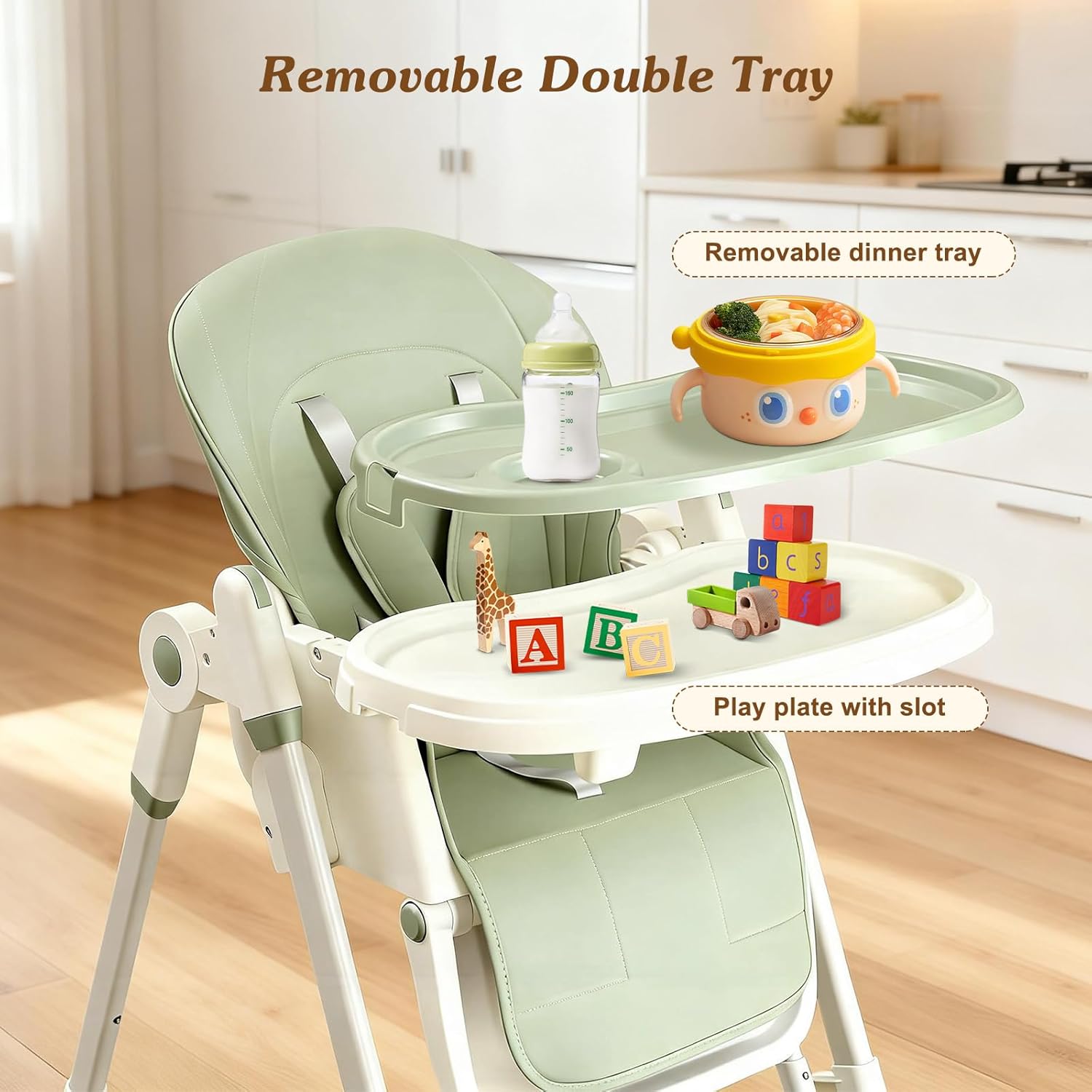 3-in-1 Baby High Chair with Soothing Rocker | Convertible Baby High Chair for babies and Toddlers | Brake Wheels, Easy Clean, Space Saving | Adjustable, Removable Tray (Green) thumbnail