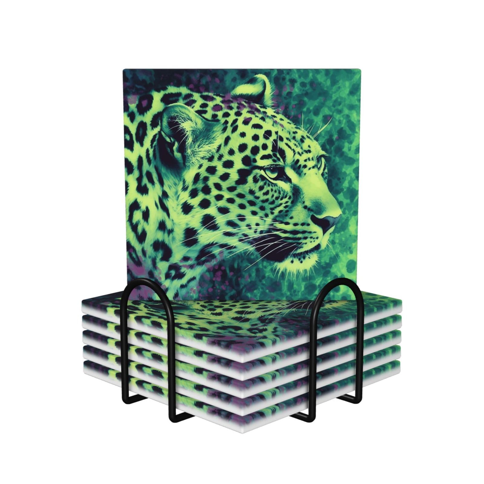 6Pcs Ceramics Coaster for Drinks, Green Leopard Cup Coasters with Holder, Aesthetic Drink Coasters for Coffee Table, Absorbent Round Coaster for Tabletop Protection 4" Cup Mat Pad