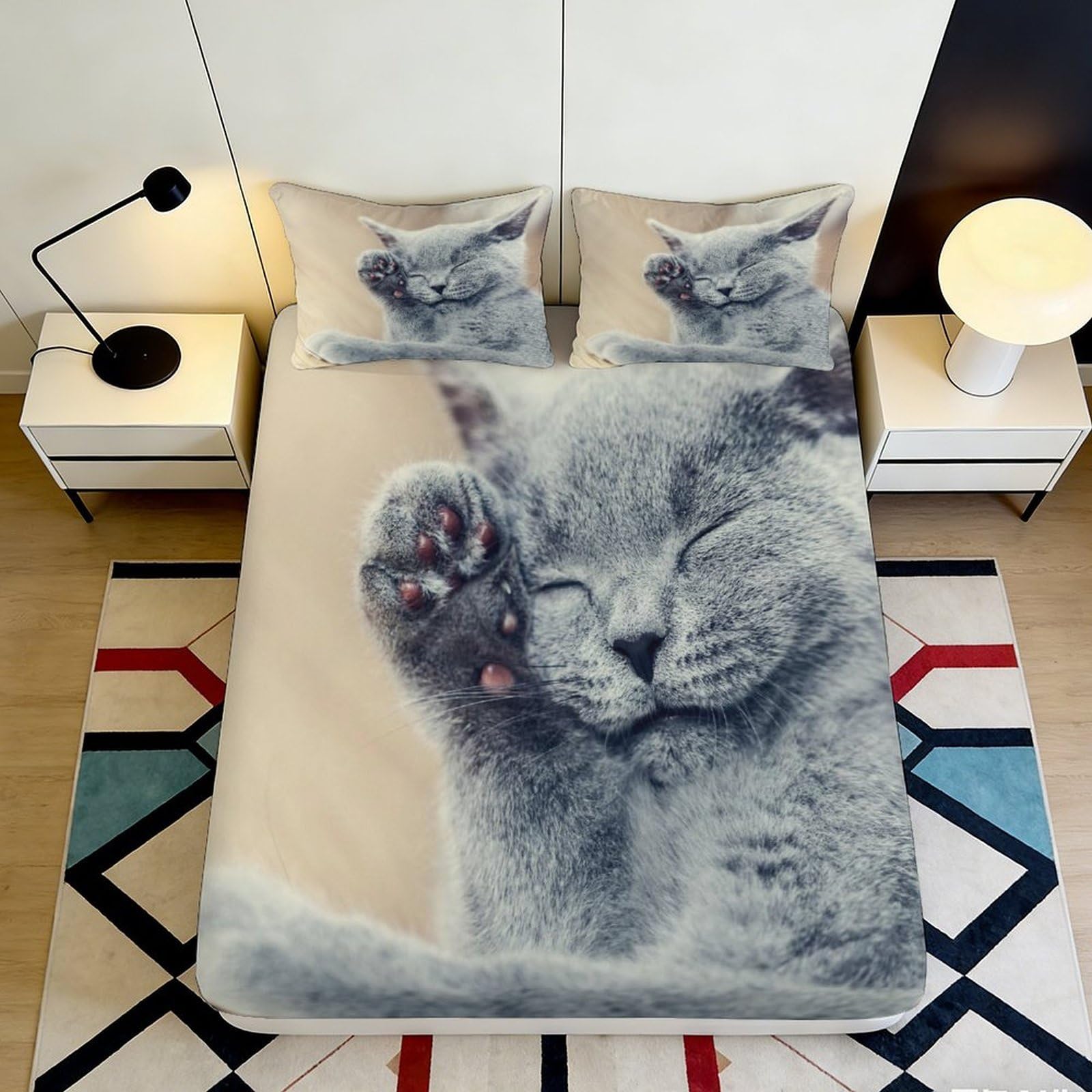 3D Printed Grey Cat Fitted Sheet Microfiber Soft Non-Slip Cute Cat Paw Bed Sheet for Bedroom Guest Room Easy Care 90x200x25cm