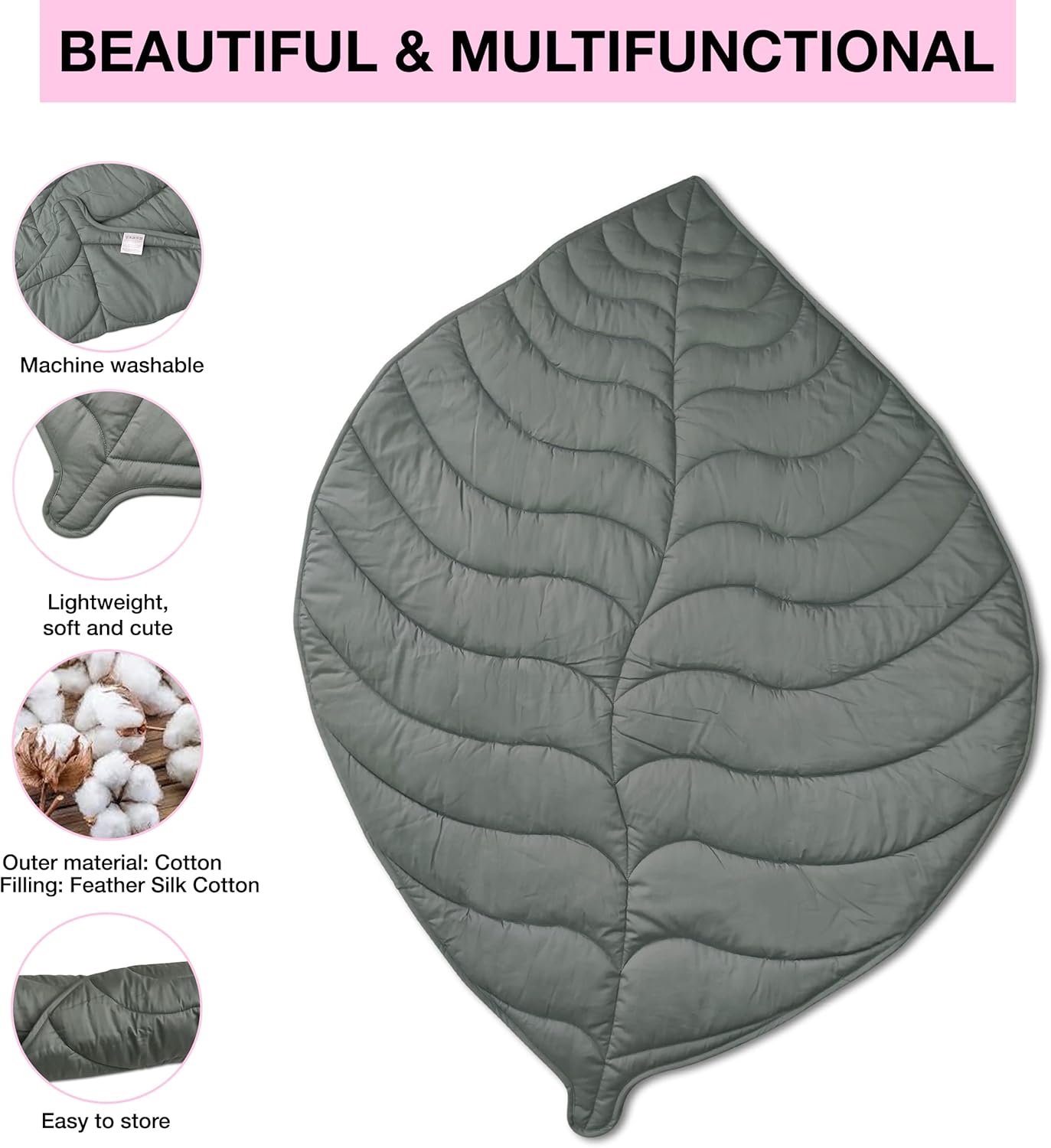 Baby Mat For Floor, Baby Play Mats For Floor, Tummy Time Mat, 100% Cotton Premium Leaf Mat, Baby Floor Mats For Crawling, Play Mat for Baby, Tummy Time Pillow, Machine Washable, Portable, and Compact