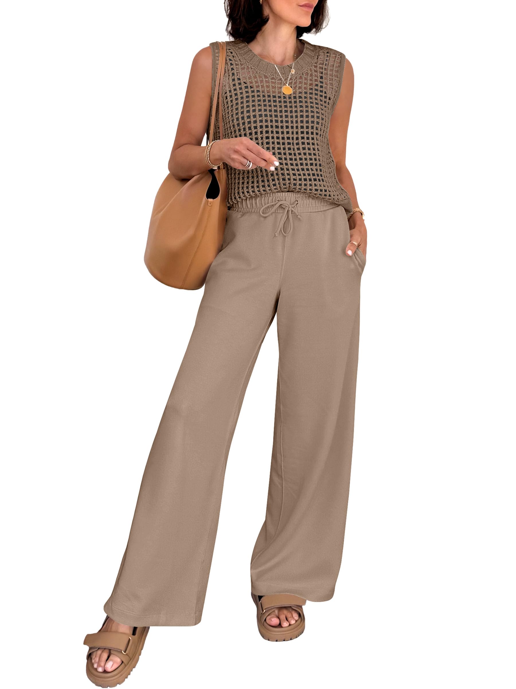 Women 2 Piece Summer Outfits 2026 Crochet Sweater Vest Wide Leg Pants Lounge Matching Sets Travel Vacation Clothes-image-16