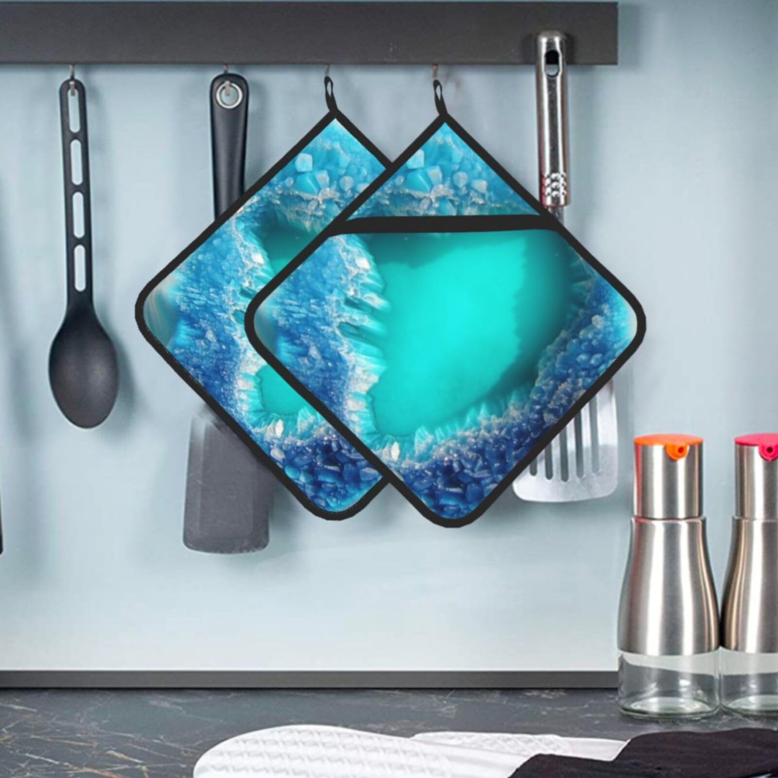 2 Pcs Pot Holders for Kitchen Heat Resistant Cotton Potholers Bright Aqua Blue Turquoise Oven Hot Pads for Microwave Cooking Baking BBQ