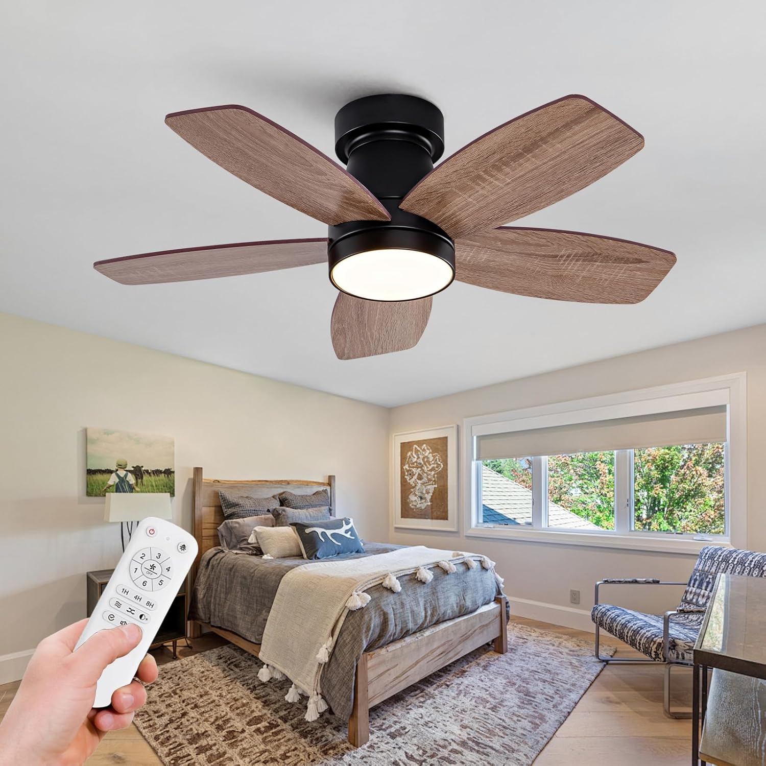 36 inch Black Flush Mount Ceiling Fans with Lights and Remote, Dimmable Black Bedroom Ceiling Fan with Lights, Walnut Low Profile Ceiling Fan with Light For Bedroom Outdoor, Reversible Quiet DC
