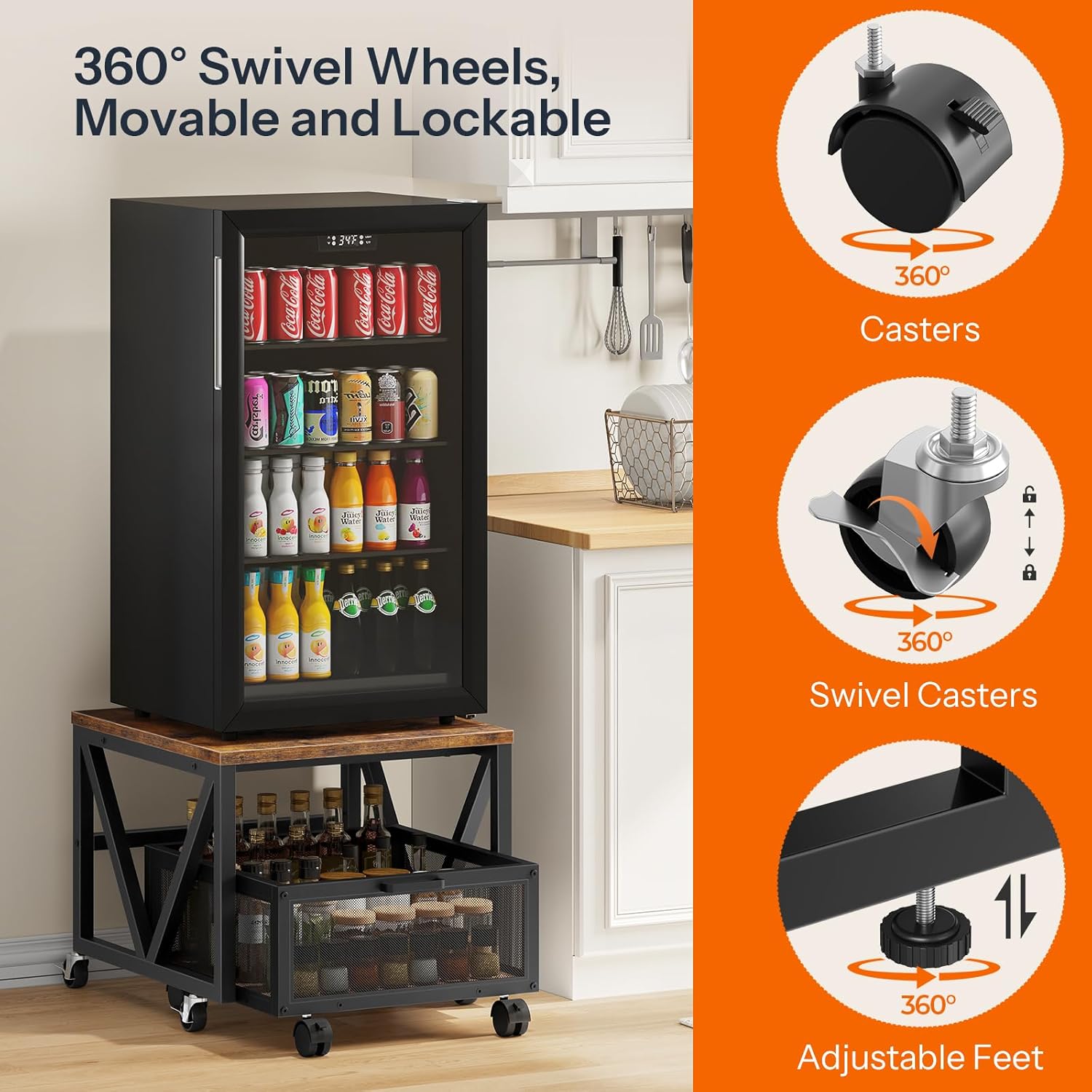 HOOBRO Mini Fridge Stand with Movable Storage Basket and Wheels, Mini Fridge Cabinet with Wheels, Sturdy Metal Frame, for Home, Office, Dorm, Rustic Brown and Black BF255TL01