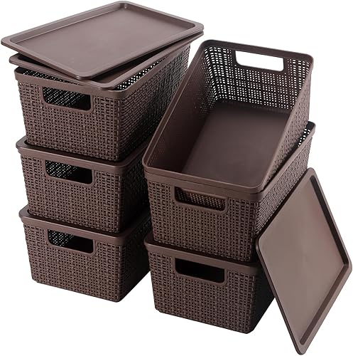 Vista 10 de Paquete de 6 cestas de almacenamiento de plástico con tapas, contenedores de almacenamiento apilables grises transpirables, pequeños contenedores