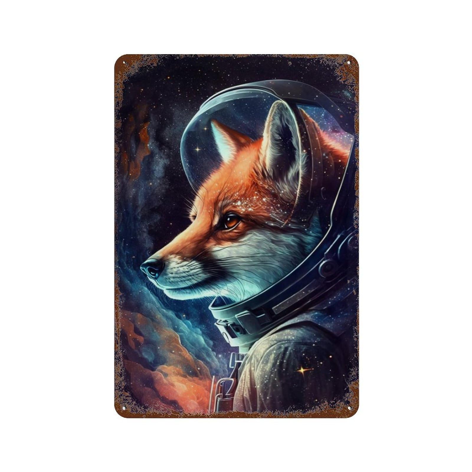 Fox Astronaut in Space Decorative Tin Sign 11.8"x7.9", Retro Wall Decor for Garage, Pub Or Kitchen