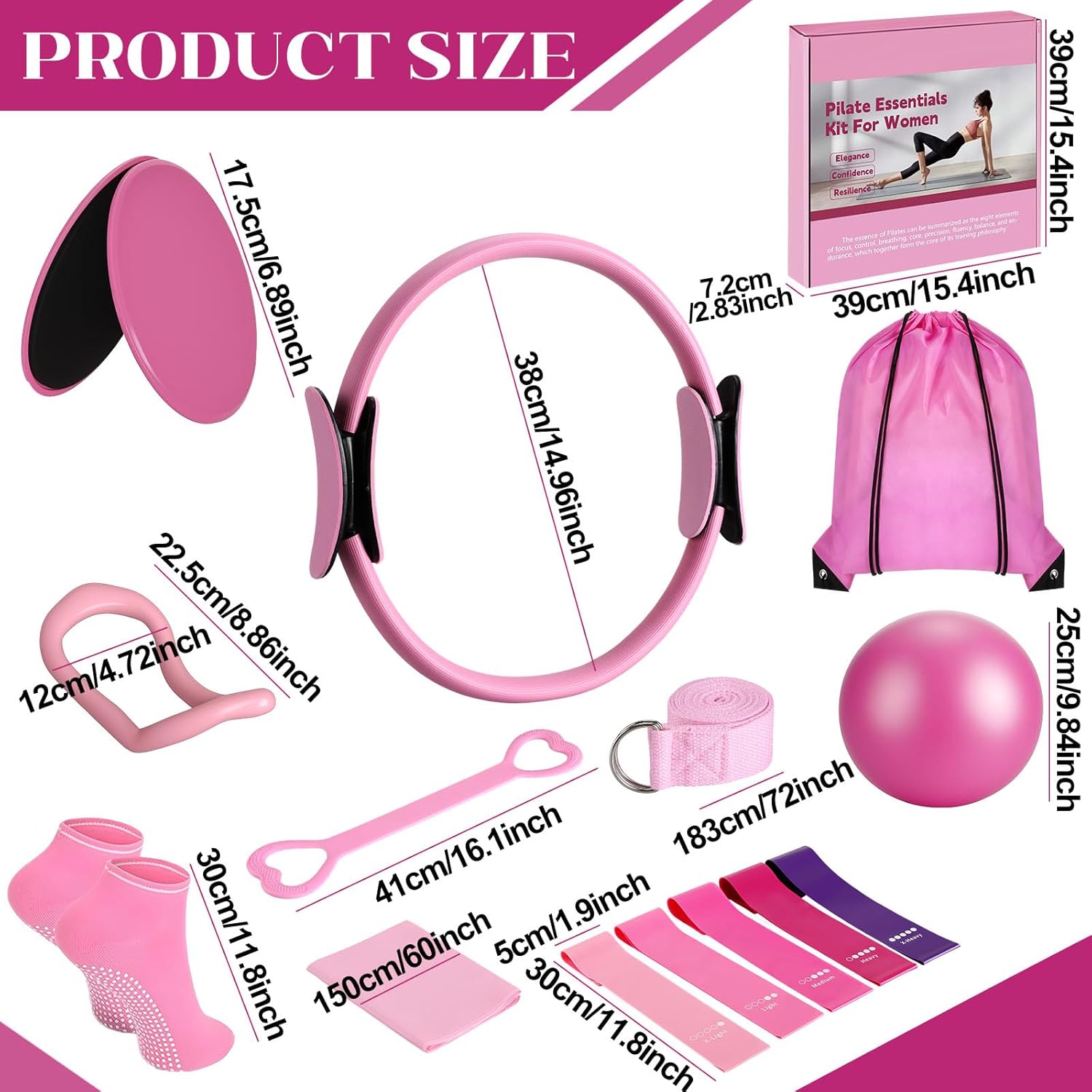 hotqueen 14 PCS Pilates Kit, Home Pilates Workout Kit for Women, Pilates Equipment with 14.9" Pilates Ring and Ball, Resistance Bands, Sliders & Grip Socks Accessories for Starter Home Workouts(Pink) - Image 6