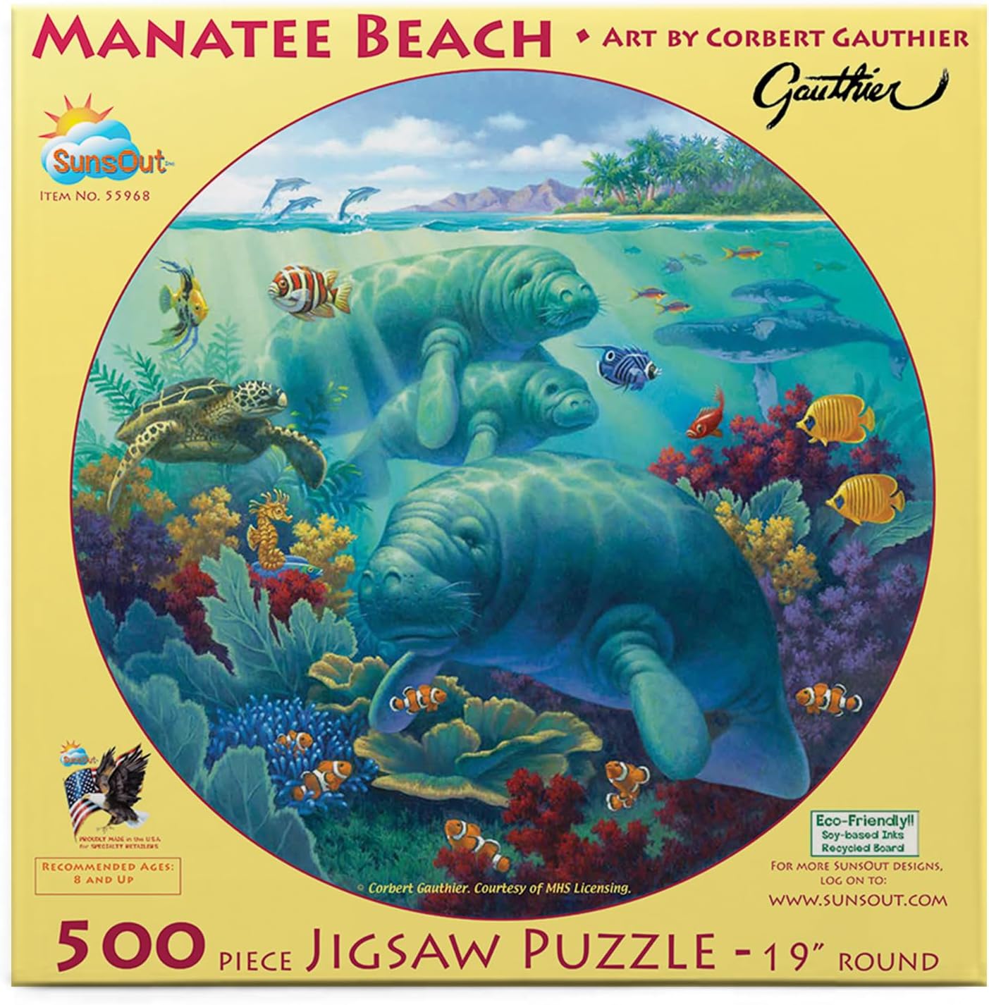 SUNSOUT INC - Manatee Beach - 500 pc Round Jigsaw Puzzle by Artist: Corbert Gauthier - Finished Size 19.5" rd - MPN# 55968