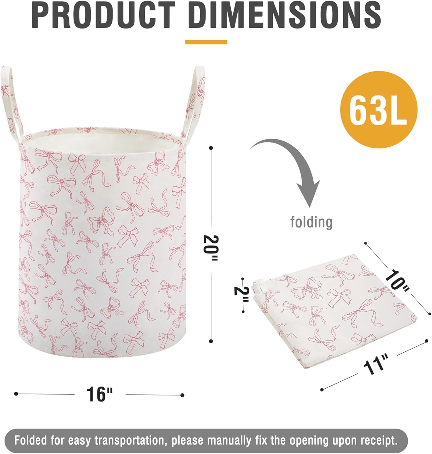 TECHMILLY Large Storage Basket for Girls and Boys, Collapsible Laundry Hamper with Long Handles, Toy Bins for Nursery, Kids Room Décor (Bowknot) - Image 3