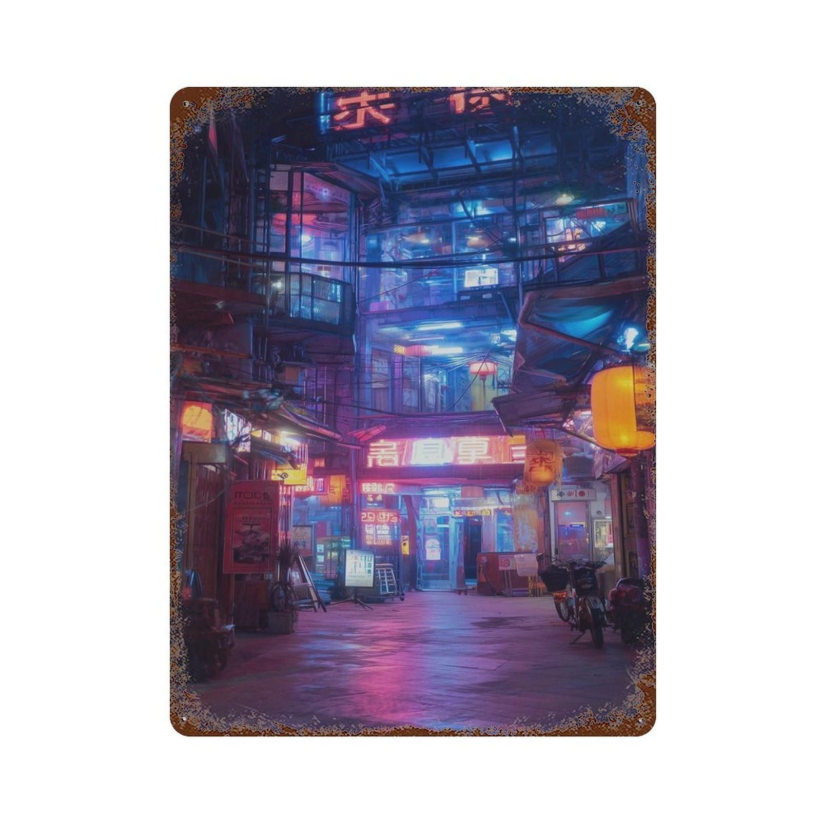 xiaoxiaoshen Cyberpunk Neon City – Futuristic Street Scene Urban Night Alleyway Modern Aesthe Wall Decor Art Metal Tin Poster Modern Home Decor Art Home Bar Shop Decorations Vintage Sign 40x30cm