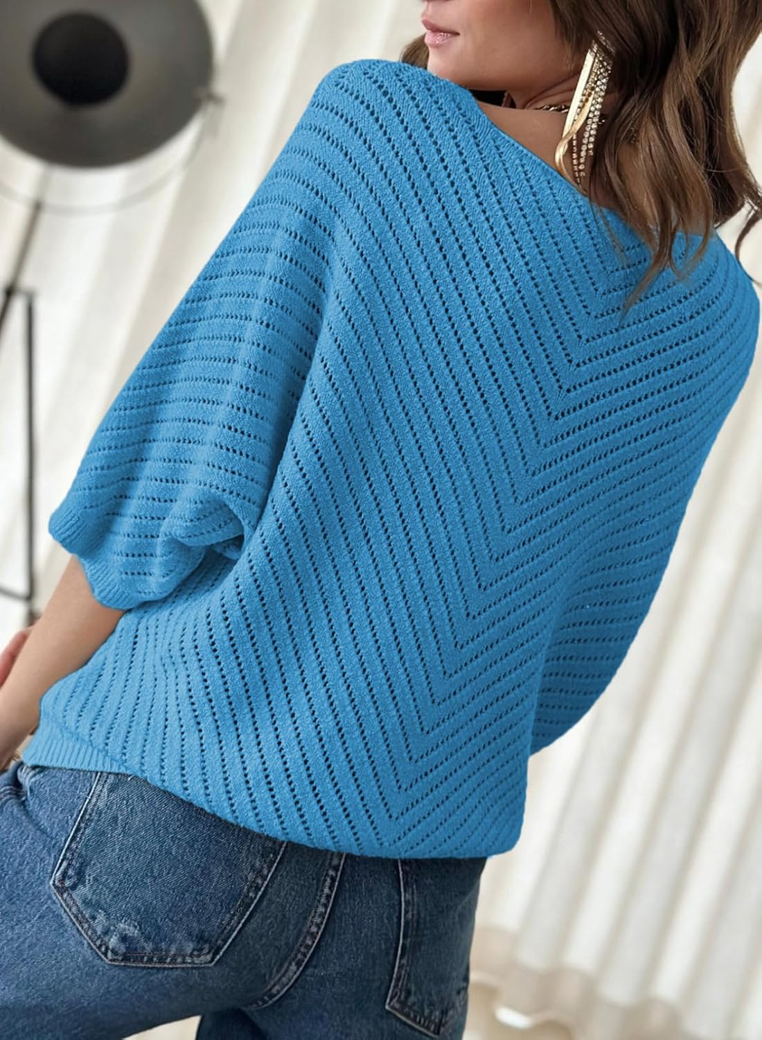 Dokotoo Women's Spring Fall Fashion 2026 V Neck 3/4 Short Sleeve Pullover Sweaters Loose Solid Color Jumper Knitted Casual Tunic Tops Blue Medium - Image 4