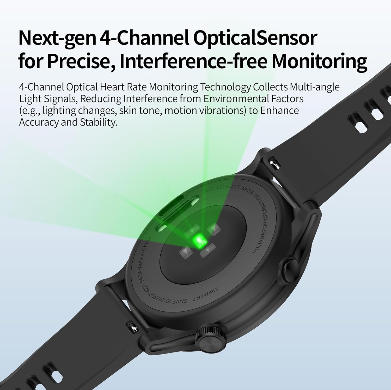Underside of the EZON R7 watch showing the green light of the 4-channel optical heart rate sensor.