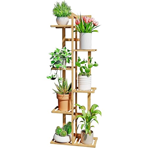 Plant Stand Indoor Corner, Tiered Bamboo Plant Shelf 46 Inch Tall, Plant Rack 6 Tier for Multiple Small Plants, Flower Holders for Living Room Bedroom Window Patio Balcony, Natural